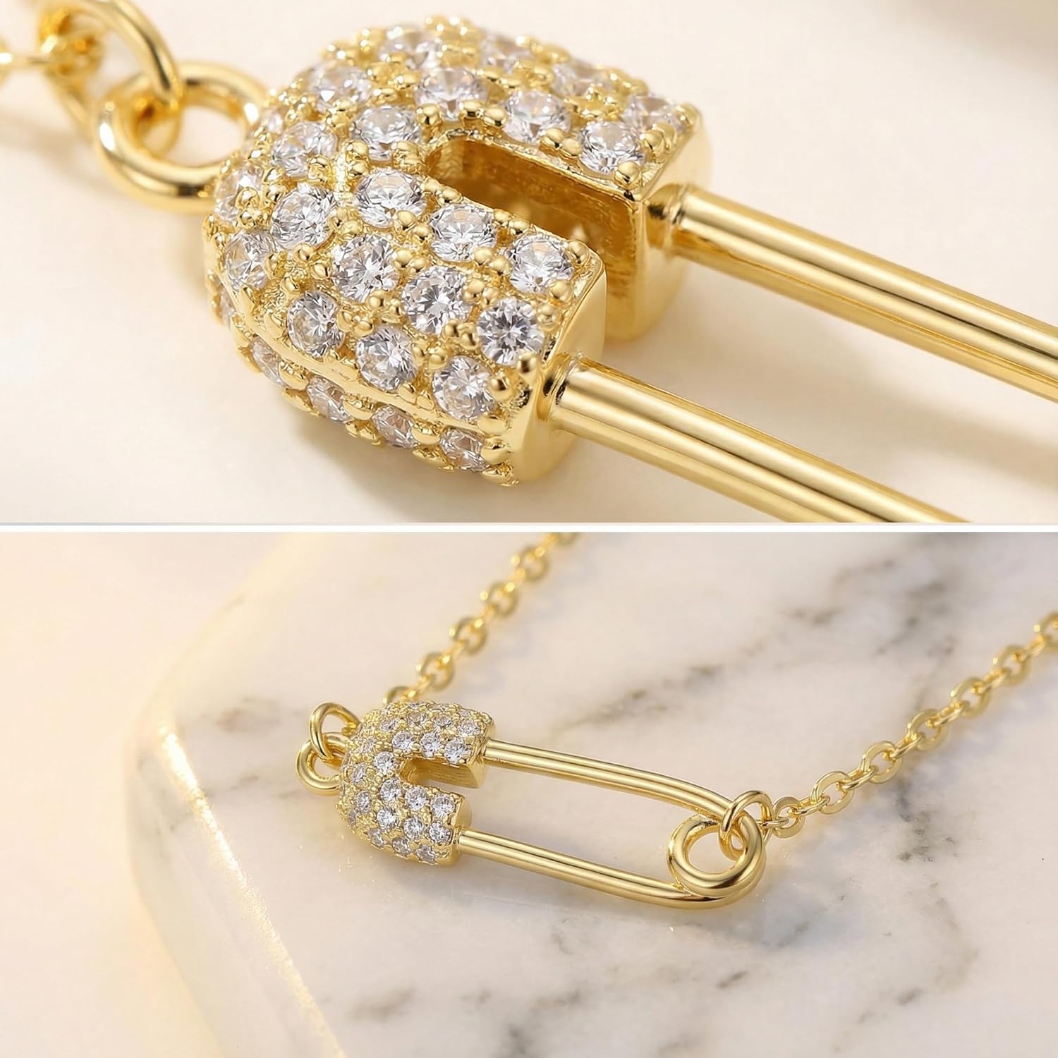 18K Gold Safety Pin Necklace for Women, Dainty Charm Pin Pendant Necklace with Cubic Zirconia, Anniversary Birthday Jewelry Gift for Wife Valentine’s Day, Mother’s Day