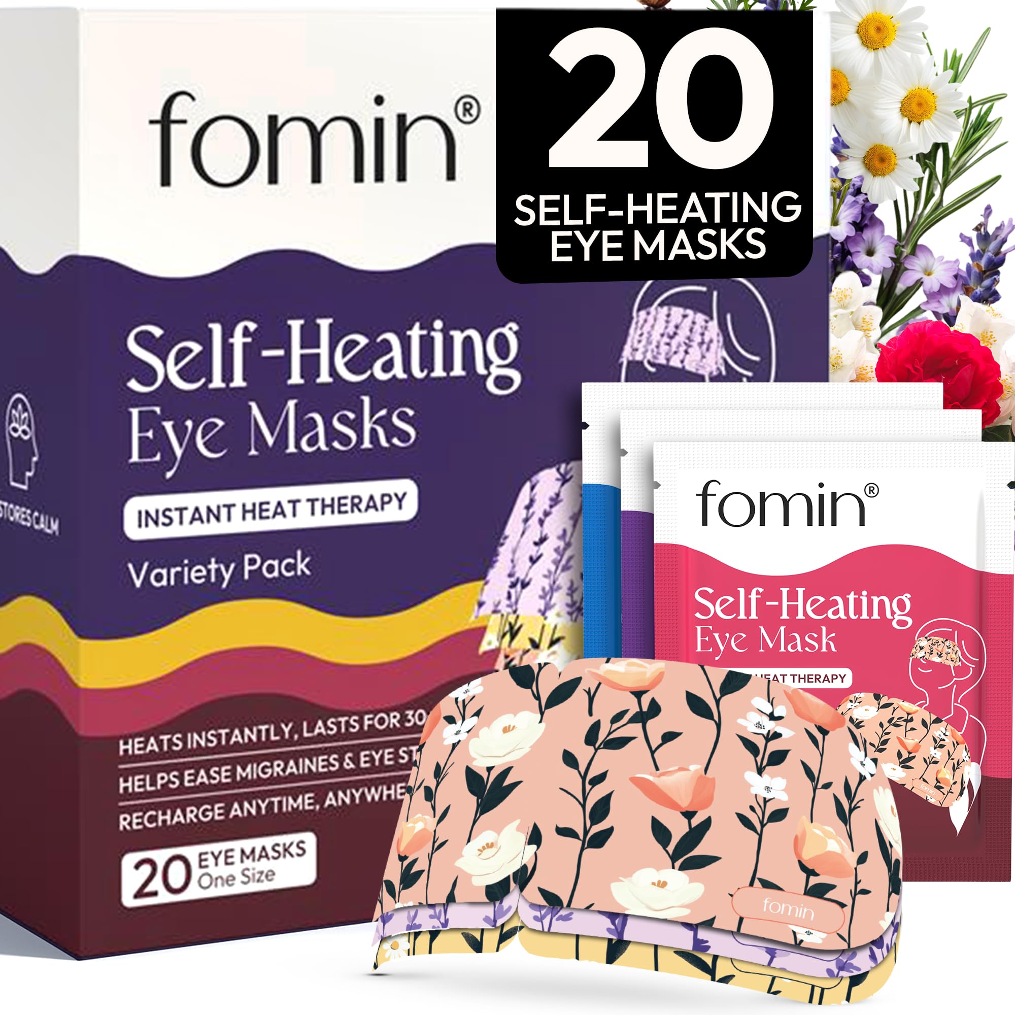 Photo 1 of Fomin Steam Eye Mask - 20 Pack - Variety Pack - Self Heating Warm Compress for Dry Eyes, Puffy Eyes & Dark Circles, Disposable Sleep Mask for Home, Spa, Travel Essentials & Relaxation Gifts for Women