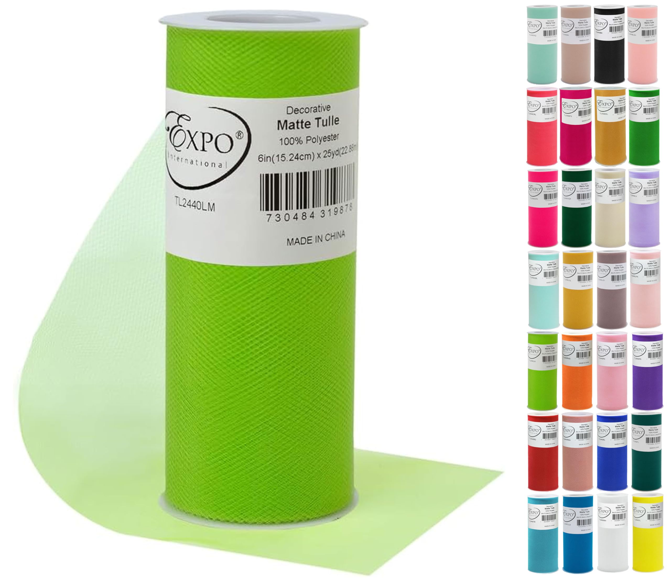Expo International Decorative Matte Tulle, Roll/Spool of 6 Inch x 25 Yards (Pack of 1), Polyester-Made Tulle Fabric, Matte Finish, Lightweight, Versatile, Washable, Easy-to-Use, Lime