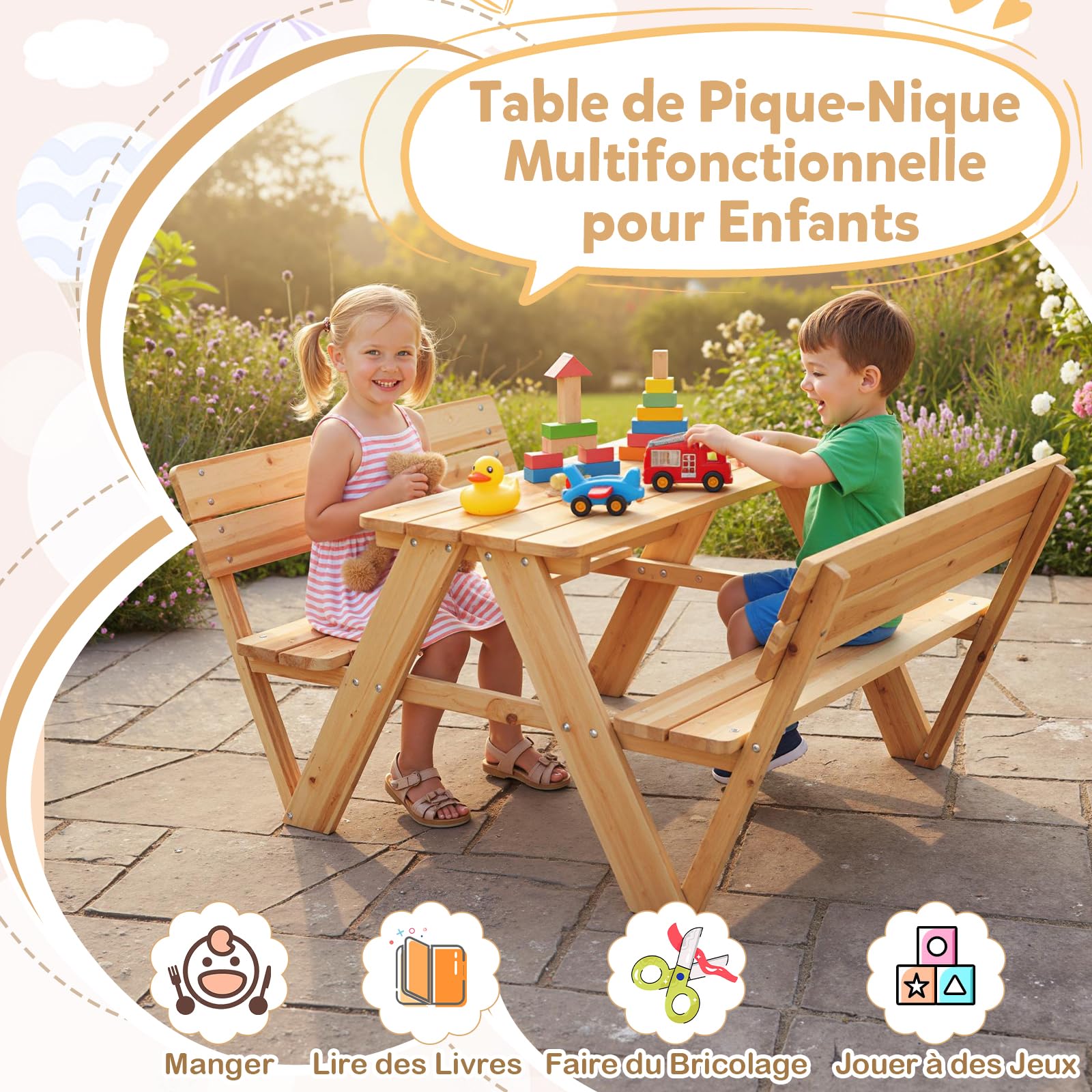 COSTWAY Table de Pique-Nique Enfant avec 2 Bancs, Table de Jardin Extérieur en Bois Sapin avec Dossier, Mobilier d’Activités pour Jardin Terrasse Patio pour 4 Enfants de 3 Ans+, Charge 150kg