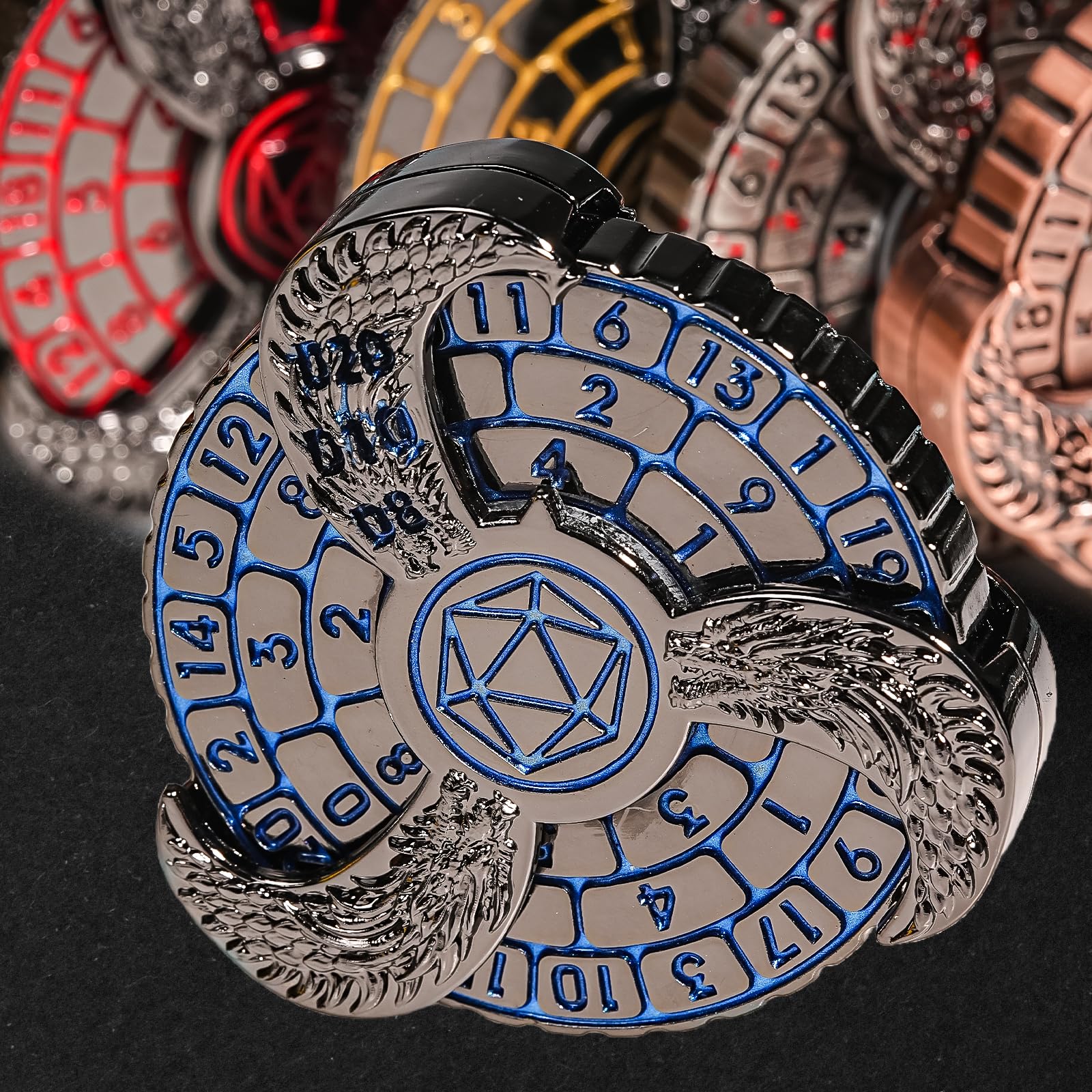 7-in-1 DND Dice Spinner Roulette Dice D&D Polyhedral Metal Dice Rotating Dungeons and Dragons Starter Set with Gift Box Spinning Games for RPG MTG Table Games (Black Nickel Blue)