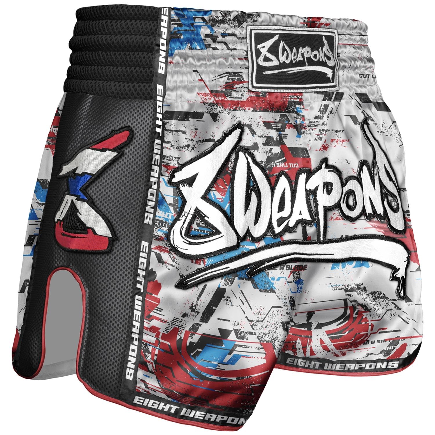 8 WEAPONS Muay Thai Shorts Cut Like a Blade 2.0, bianchi, kickboxing per allenamento e competizione, pantaloncini thaibox in raso, traspiranti, durevoli, per MMA, K1, boxe, thai boxe