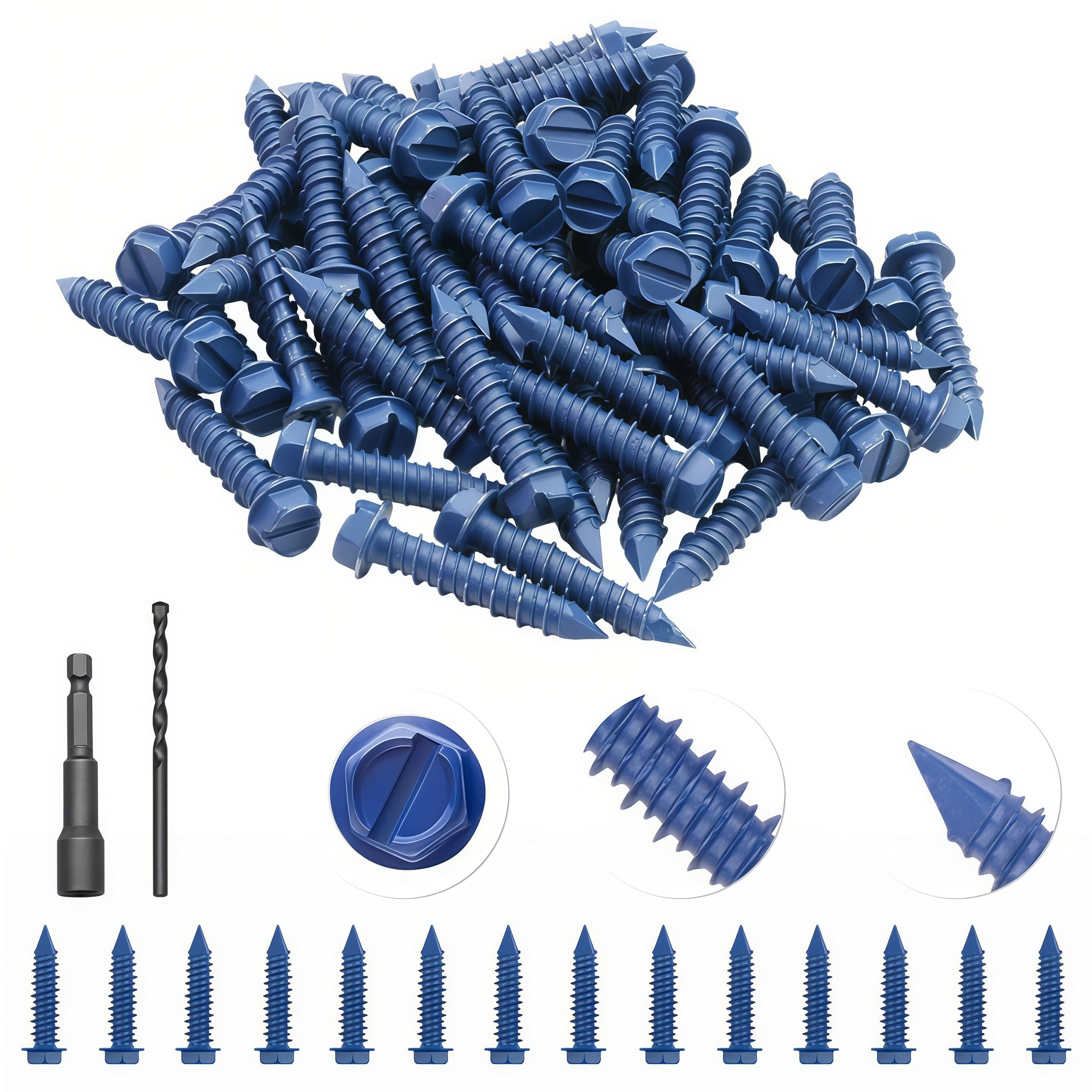 Mostantu 160Pcs Concrete Screws with Drill Bit and Driver bit Assortment Kit, Hex Head Concrete Cement Screws Anchor for Anchoring to Masonry, Block or Brick Stucco (60Pcs 1/4"x1-1/4")