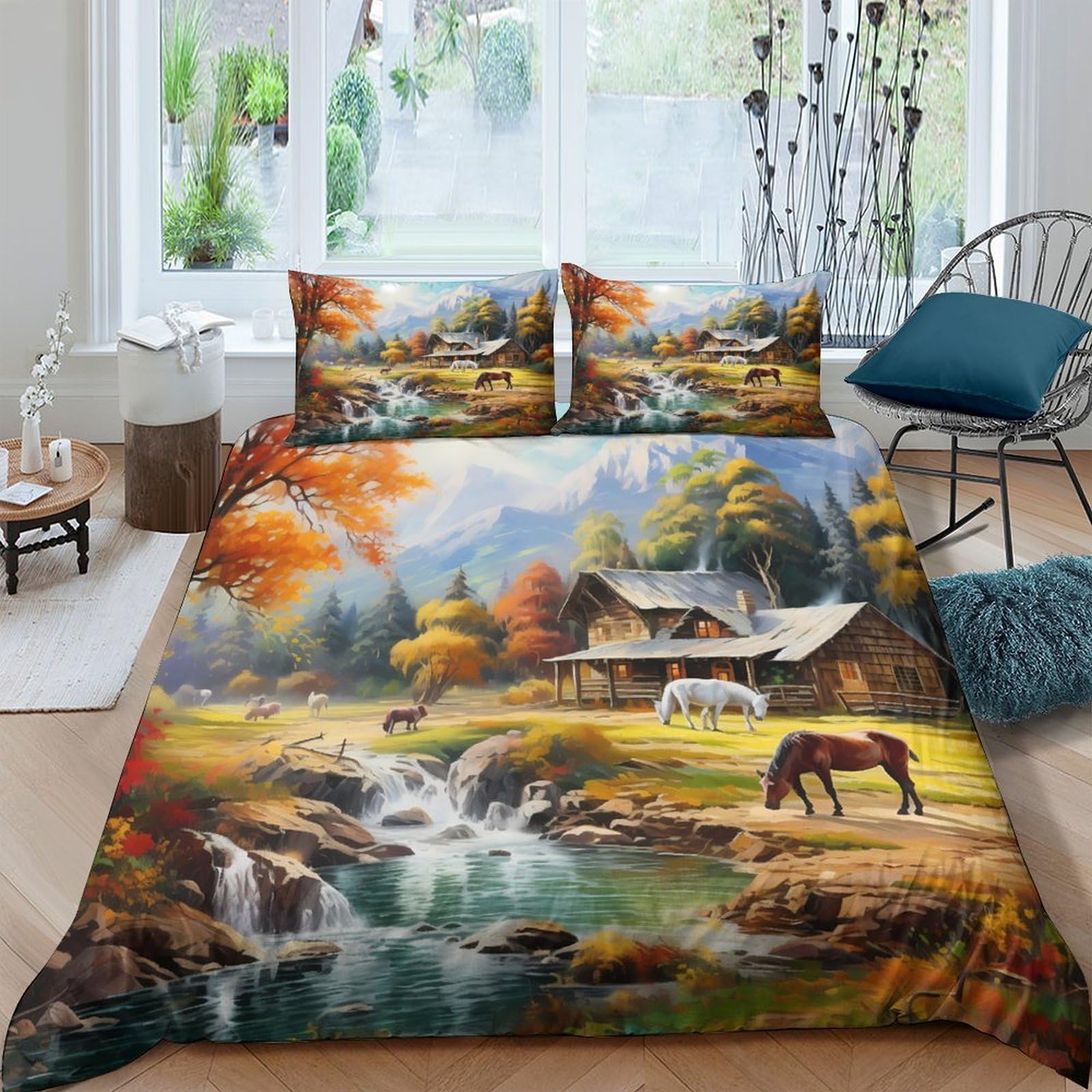 Ctjqhvkz Style-10 3D Printed Autumn Forest Fitted Sheet Microfiber Soft Horse Landscape Mattress Cover For Bedroom Guest Room Decor Single（135X200cm）