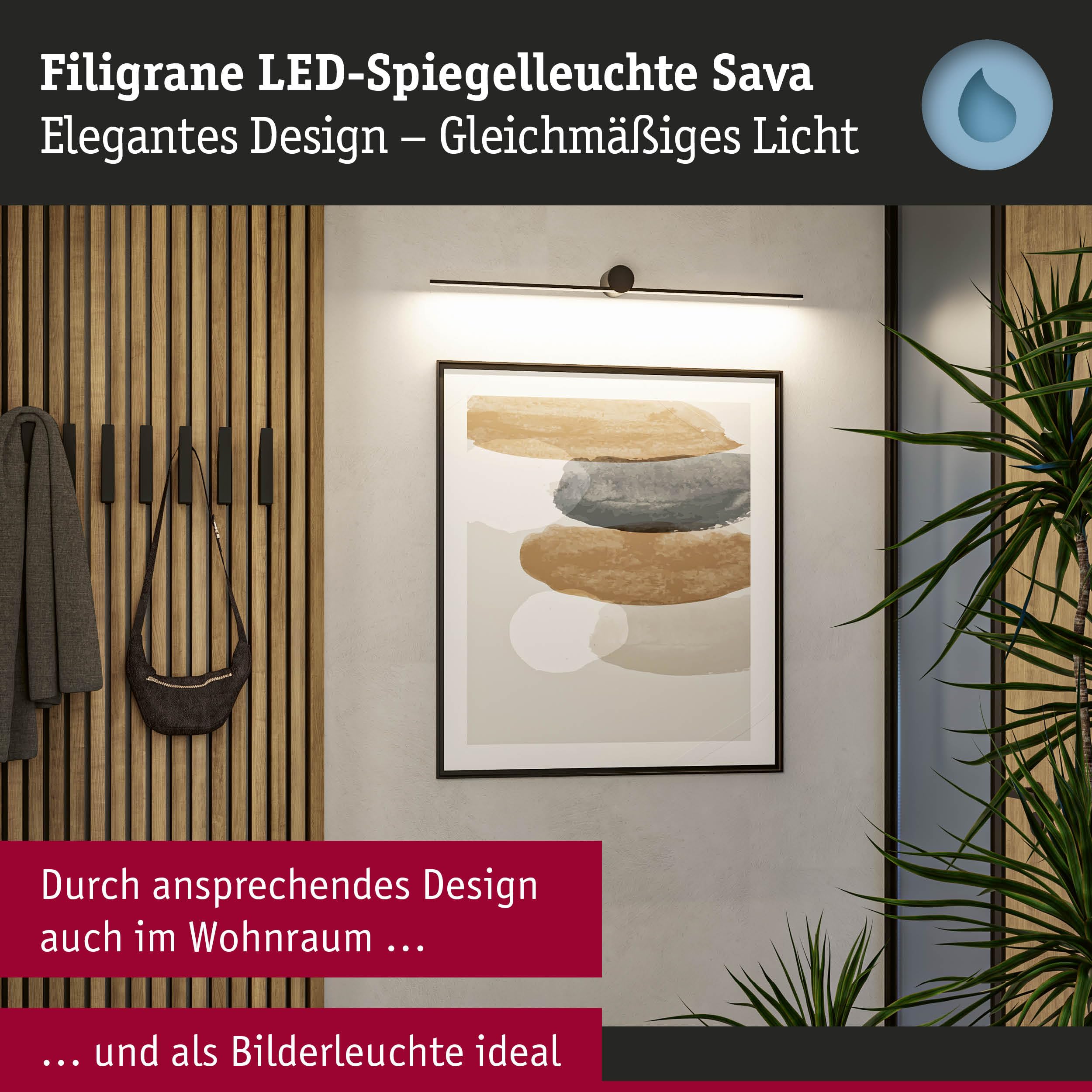 Paulmann 75412 LED Leuchtspiegel Sava IP44 3000K 500lm 230V 7,5W Schwarz matt