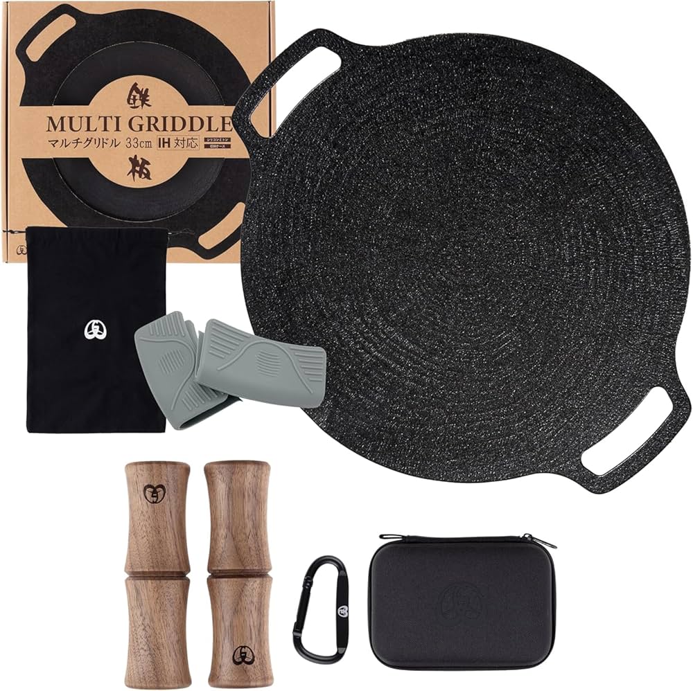 JHQ マルチグリドル 33cm 純正ミトン・木製取手・社外ケース付き Amazon | JHQ 鉄板 マルチグリドル 平型33cm本体(収納ケース