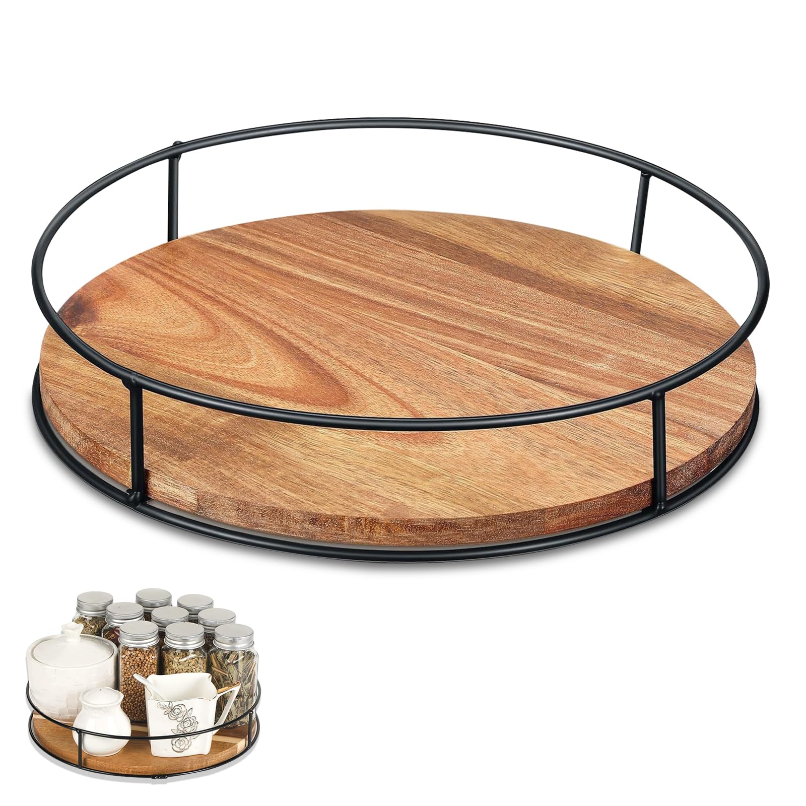 Lazy Susan Cupboard Organiser, 9" Rotating Cupboard Tray Rotating Spice Rack Storage Stand Wooden Turntable Organizer Condiment Holder for Kitchen Counter