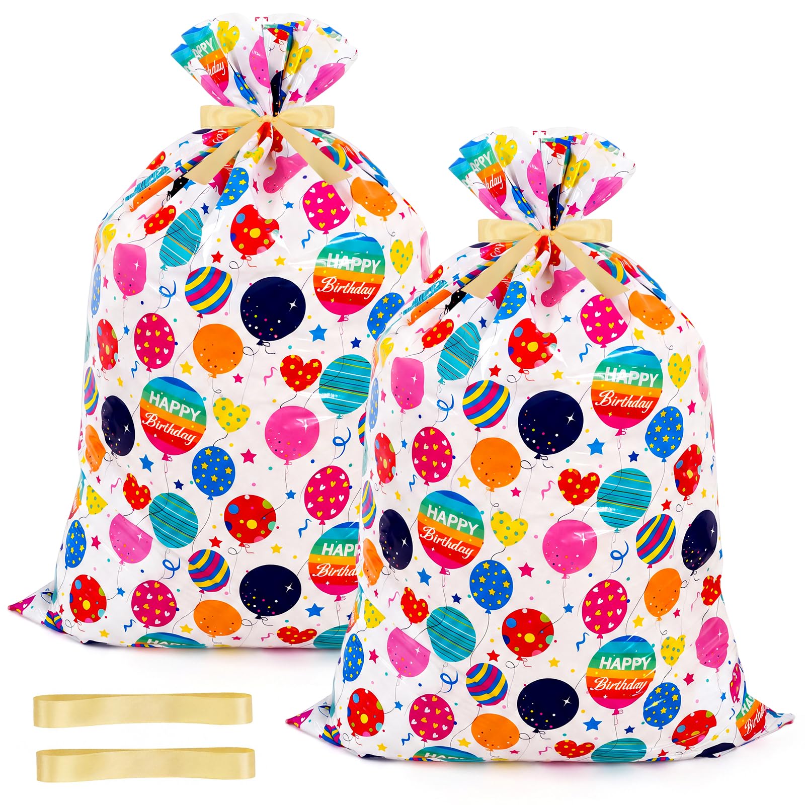 woric 2 PCS Extra Large Birthday Gift Bag, 56 * 36" Plastic Gift Bag Jumbo Wrapping Bag with Ribbon for Oversized Presents, Stuffed Animals, Bedding, Clothes and Party Storage