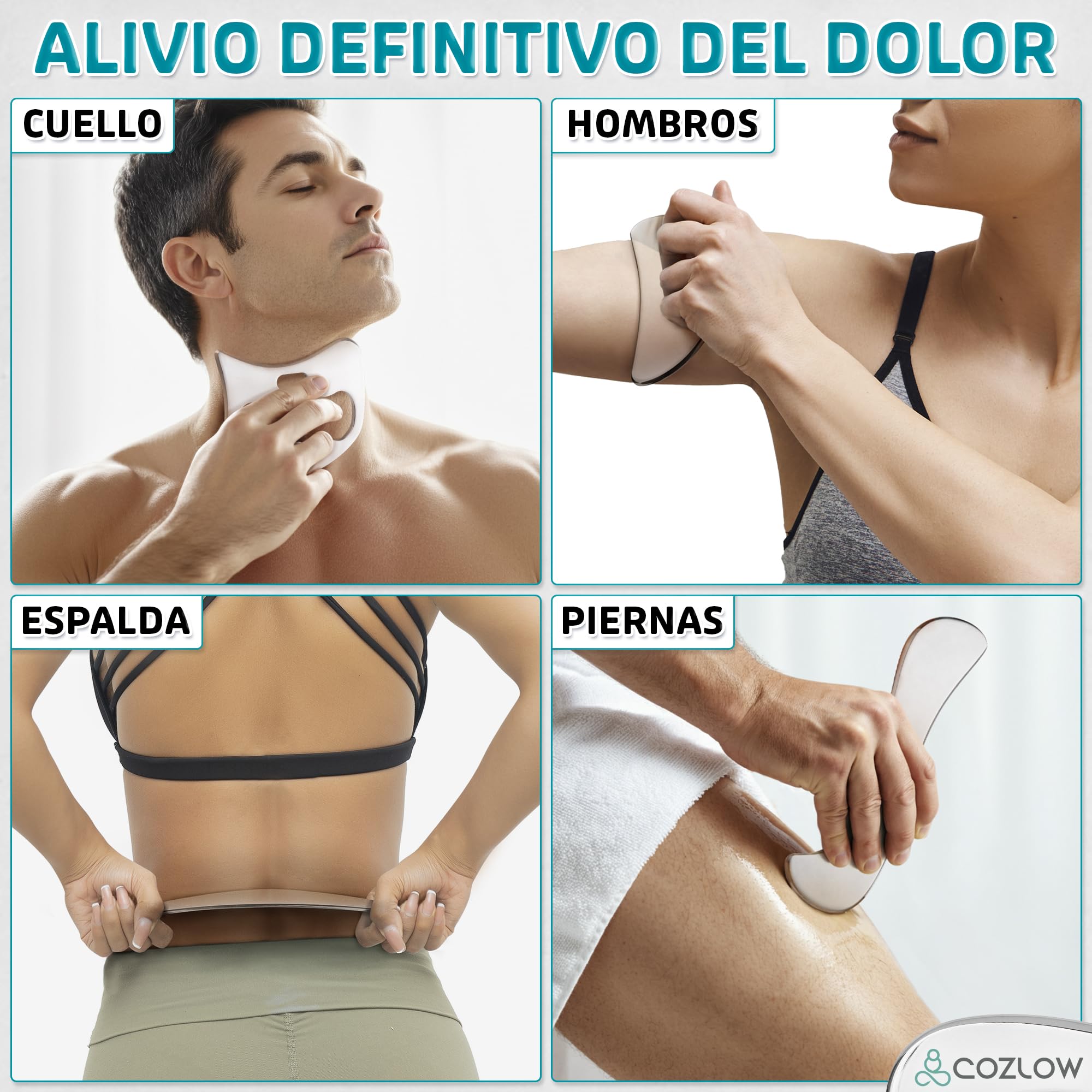 Herramienta raspadora muscular Gua Sha 4 en 1 de acero inoxidable | Las herramientas de movilización de tejidos blandos Cozlow son ultrasuaves y están pulidas para deslizarse con seguridad