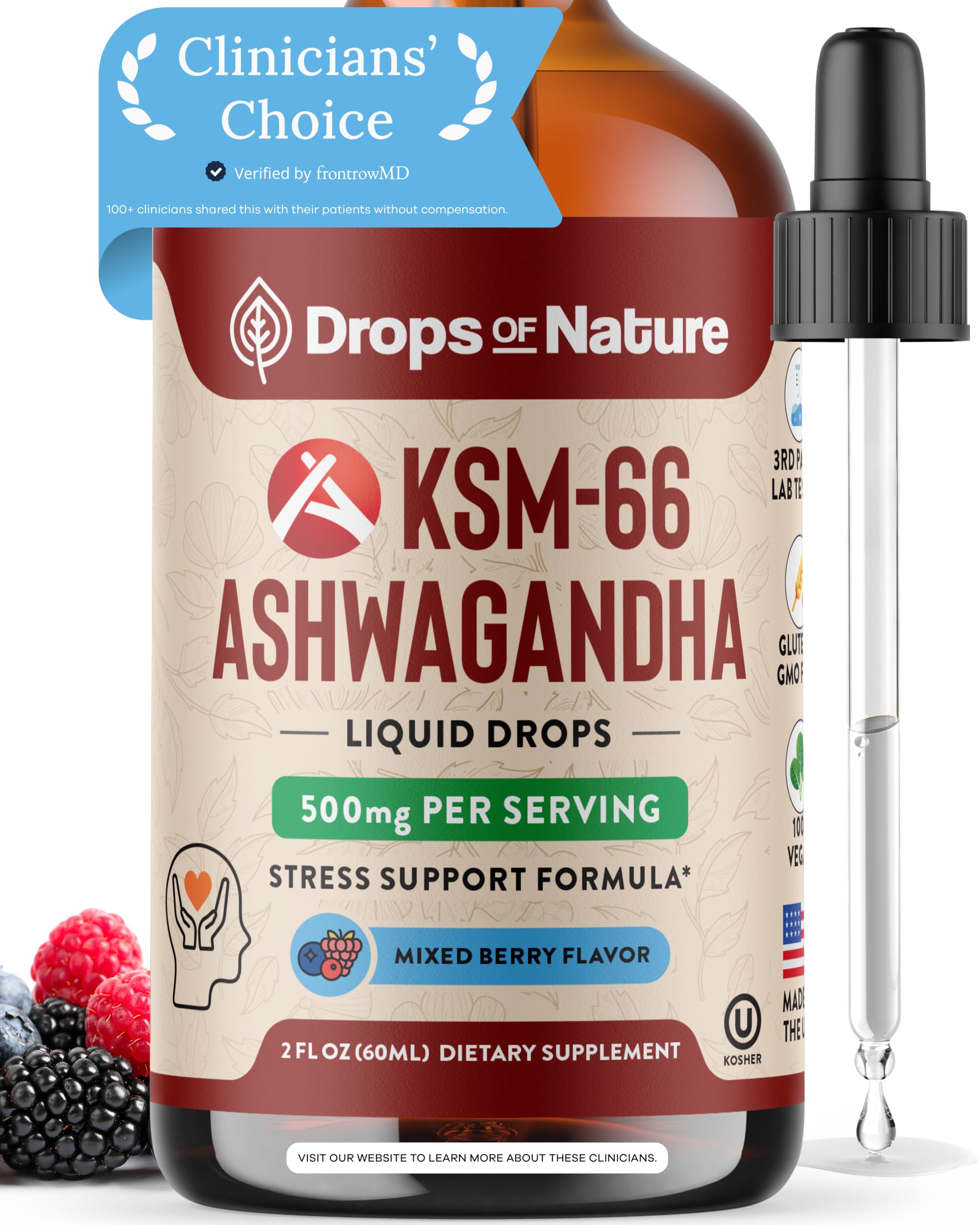 Drops Of Nature KSM-66 Mixed Berry Liquid Supplement Bottle