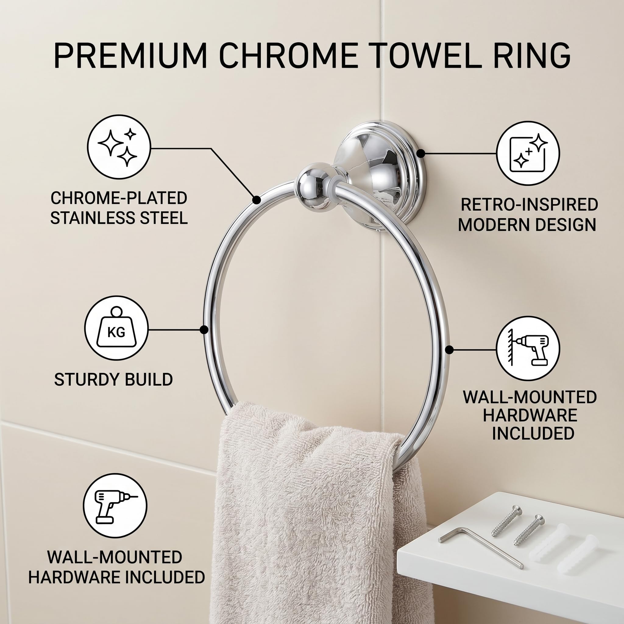 FTVOGUE Mano Toallero Estante Accesorios De Baño Estilo Retro Anillo Cromado 893