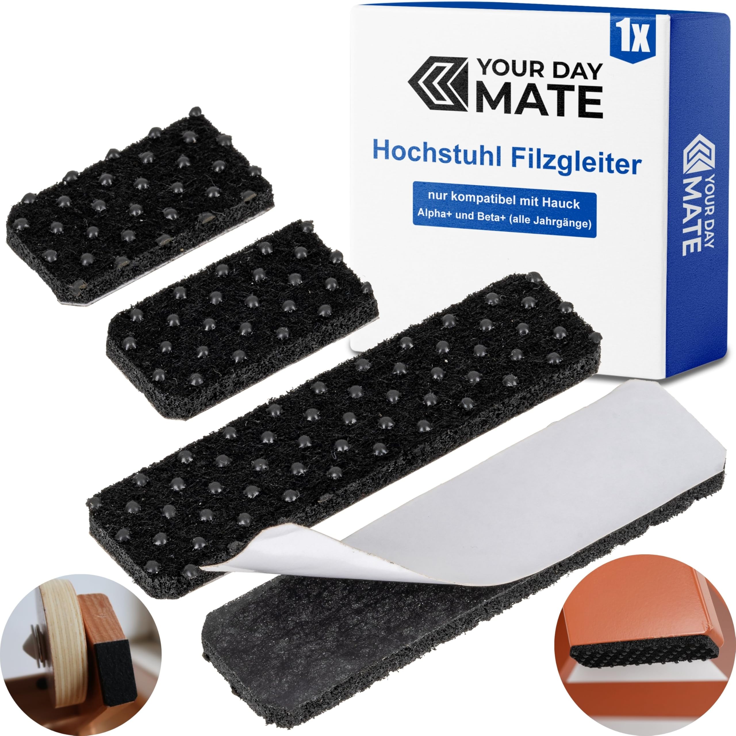 Filzgleiter mit Noppen für Hochstuhl, 1 Set, kompatibel mit Hauck Alpha+ und BETA+ Kinderhochstuhl mit Rollen, in Schwarz, zum Kleben, Filz Gleiter Stuhlbein Alpha Beta Plus, Babystuhl Bodenschoner