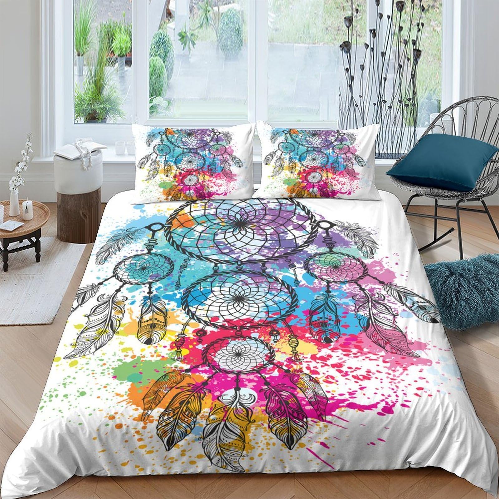 Ctjqhvkz Style-8 3D Printed Dreamcatcher Fitted Sheet Microfiber Colourful Splash Bed Cover For Bedroom Guest Room Easy Care Decor Single（135X200cm）