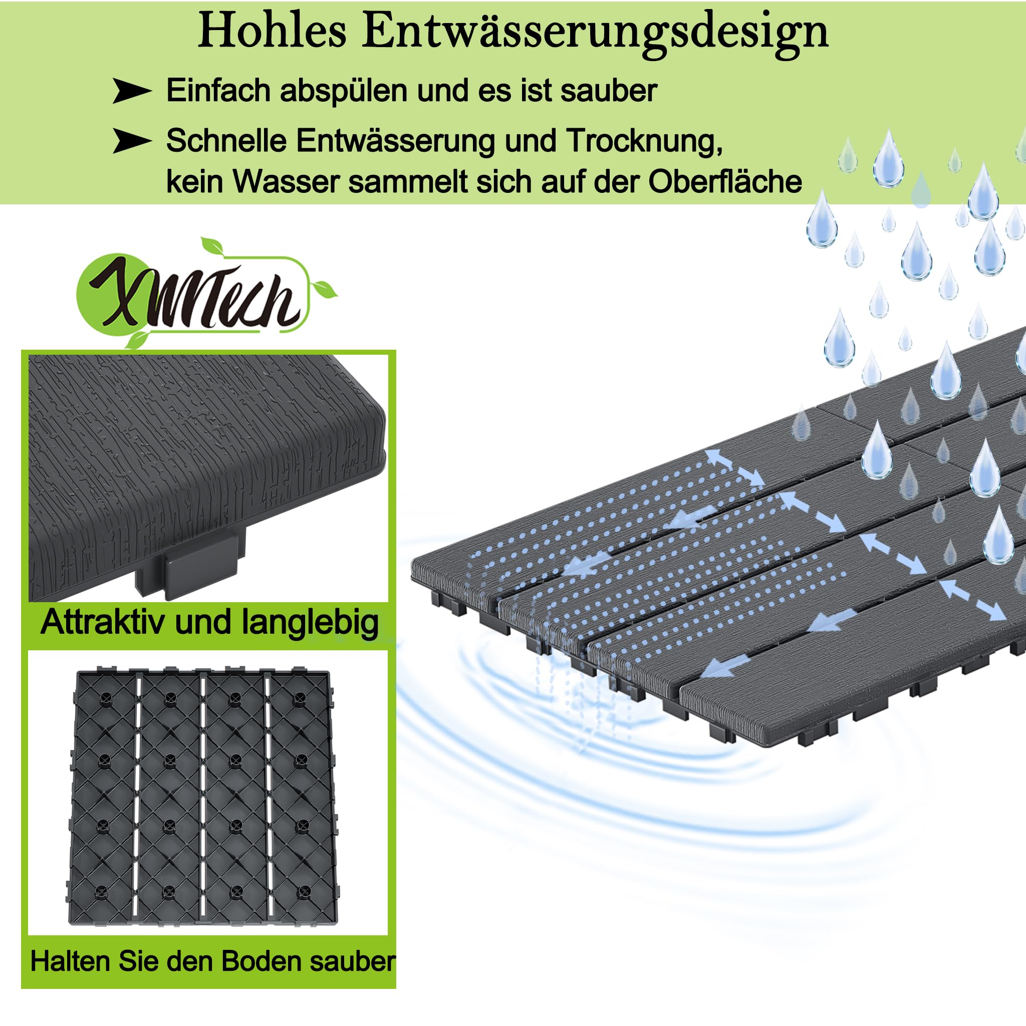 XMTECH Klickfliesen 30x30cm Terrassenfliesen 2m² Anthrazit Typ A PE Fliesen