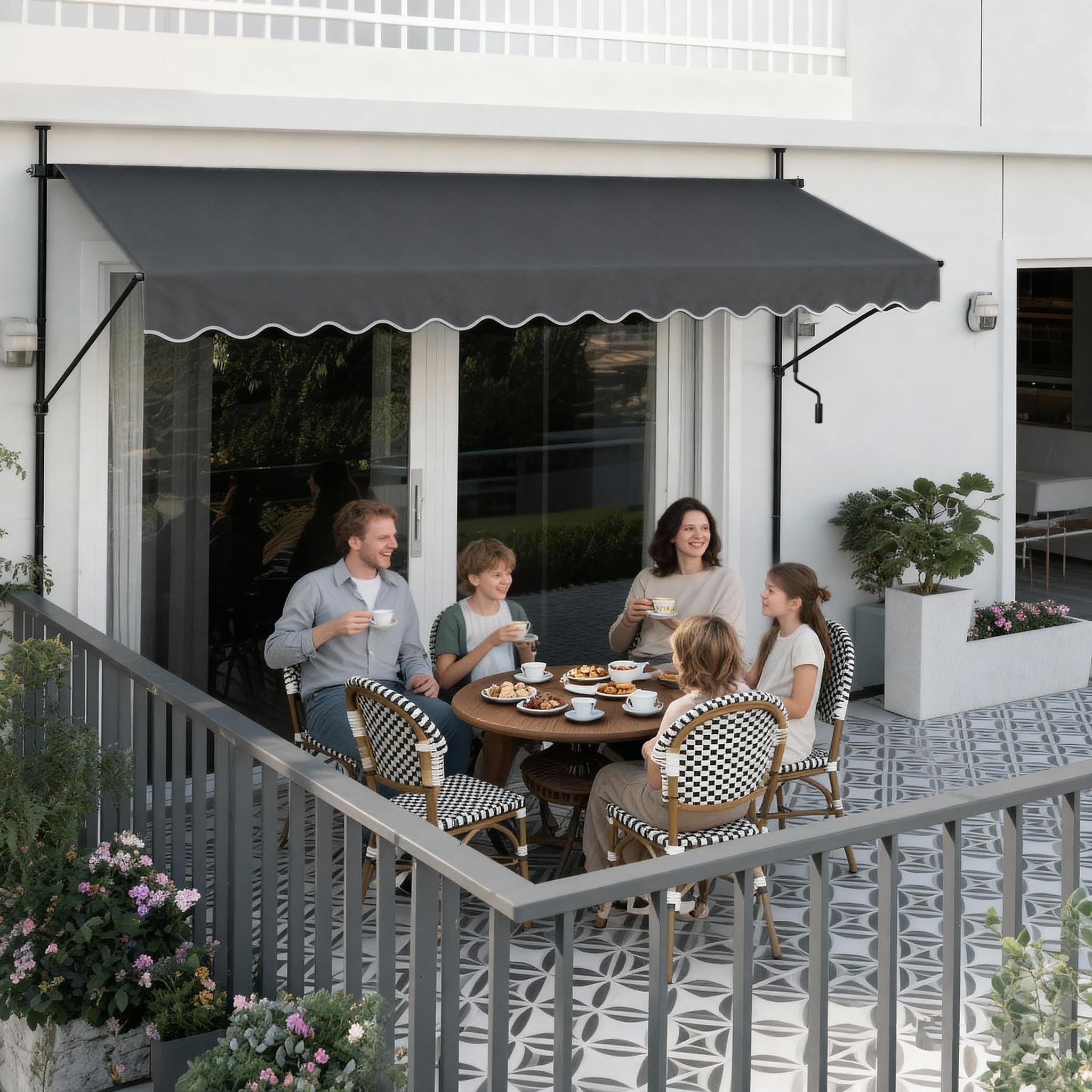 UISEBRT Klemmmarkise Balkon 250cm breit - Markise mit Handkurbel Höhenverstellbar Balkonmarkise ohne Bohren, UV-Schutz, Sonnenschutz, Wetterfest (250 x 120cm, Dunkelgrau)