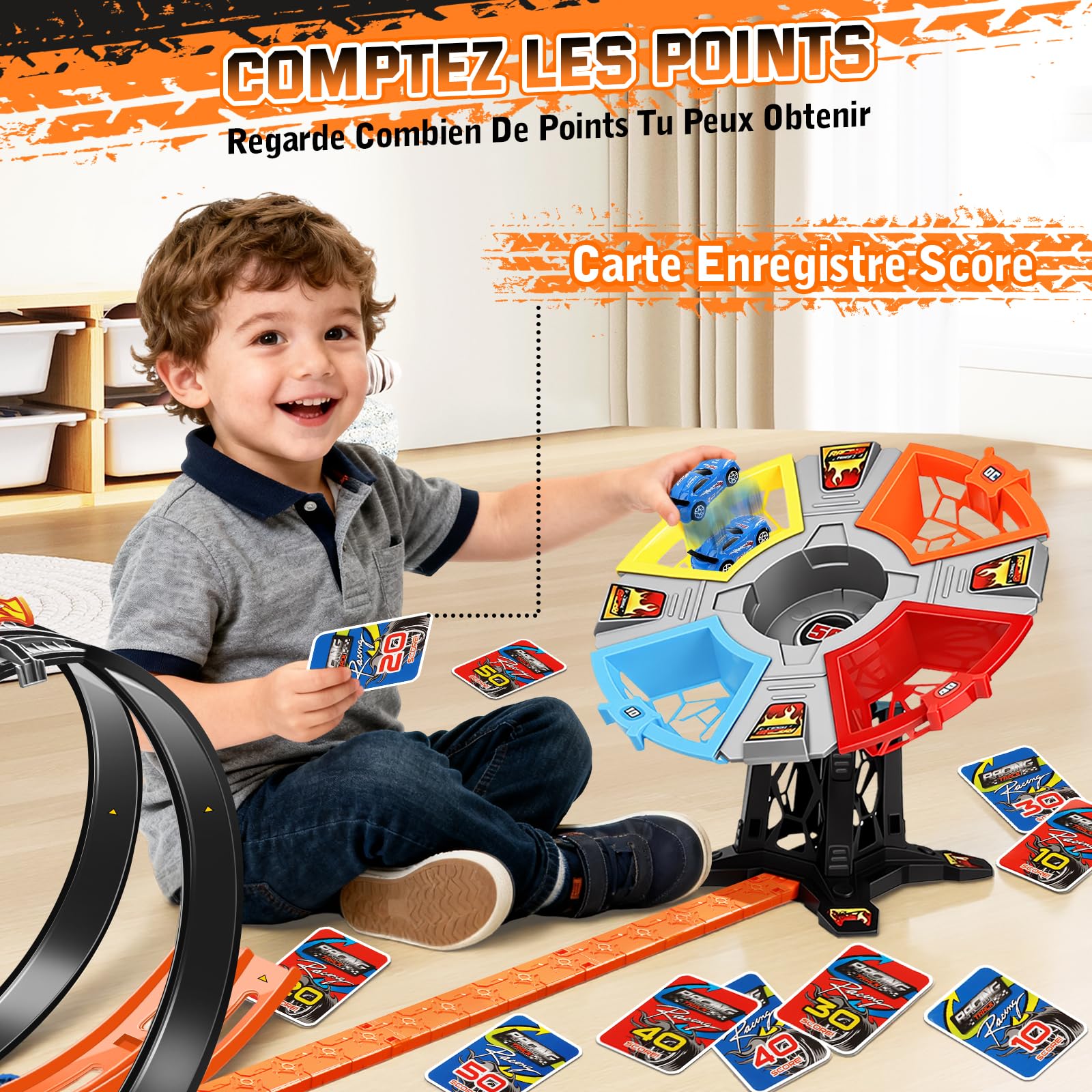 Charmofun Piste de Course Voiture Enfant, Circuit de Voiture Jouet avec Circulaires, Double Voies, Jouet Circuit pour Enfants de 3+ Ans