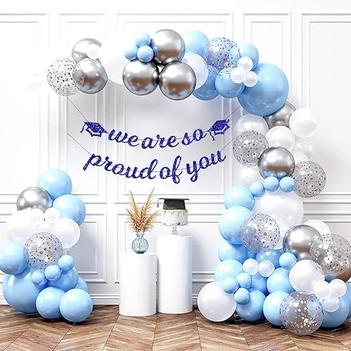Miniatura 3 de HOUSE OF PARTY Kit de arco de globos color azul bebé, blanco, plateado, guirnalda de globos para baby shower, cumpleaños, boda, graduación,