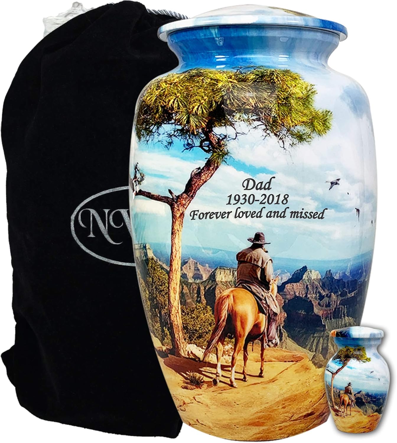 Riding Home Cowboy Custom Engraved Large Human Horse Cremation Urn with Matching Keepsake, Velvet Bag and Personalization