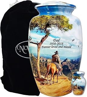Riding Home Cowboy Custom Engraved Large Human Horse Cremation Urn with Velvet Bag and Matching Keepsake