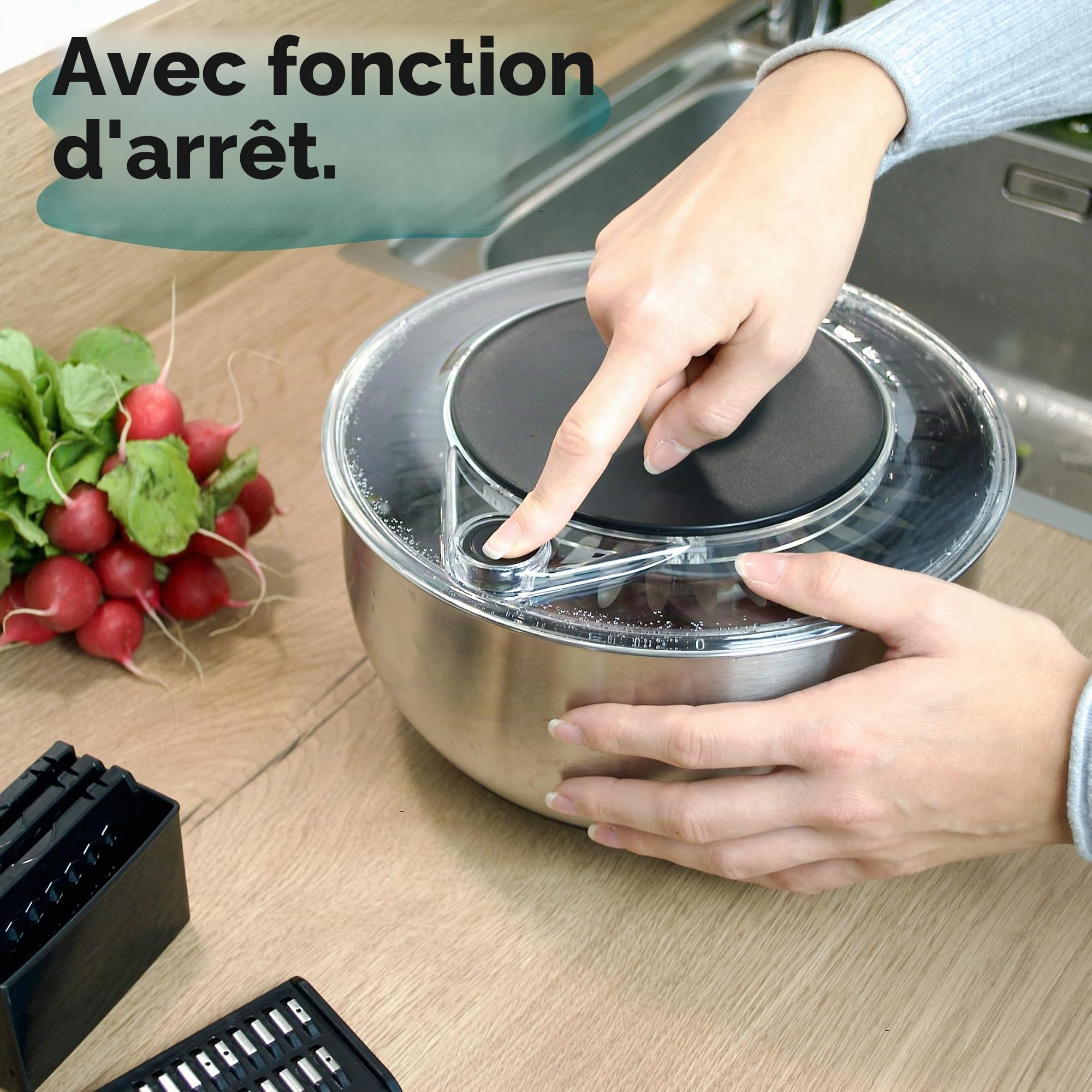 Cookery - Essoreuse à salade en acier inoxydable (4,5 l) + mandoline à légumes avec 5 lames / essoreuse à salade facile grâce au fond antidérapant et à l'entraînement cube