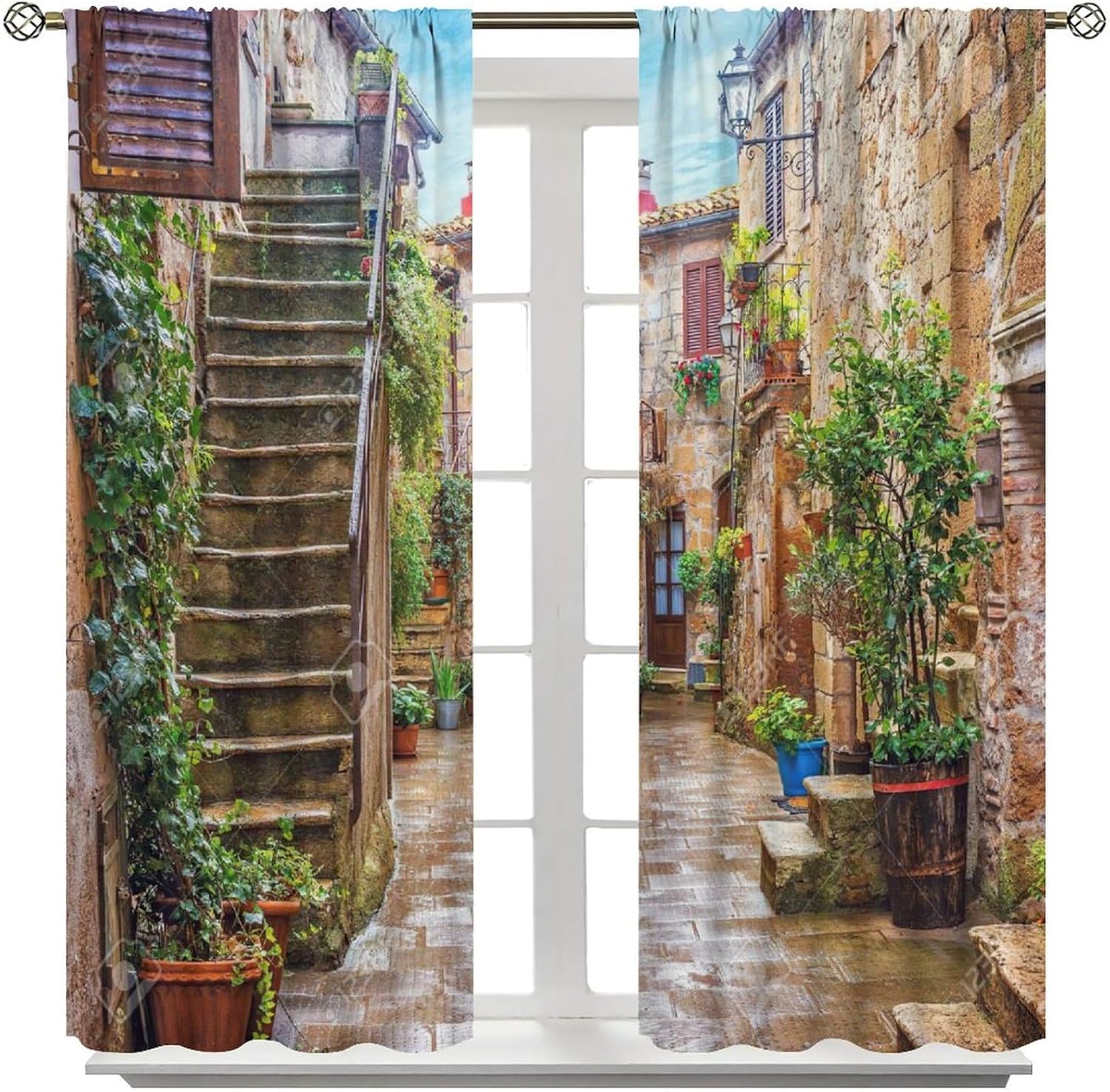 European Italian Blackout Curtains, View of Old Mediterranean Street Stone Rock Houses in Italy City Rural Window Drapes, for Bedroom Living Room 84" W X 84" L