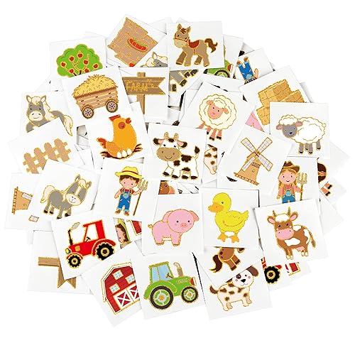 ADXCO 144 tatuajes para fiesta de granja, tatuajes temporales de animales de granja con purpurina dorada para niños, decoración de cumpleaños,