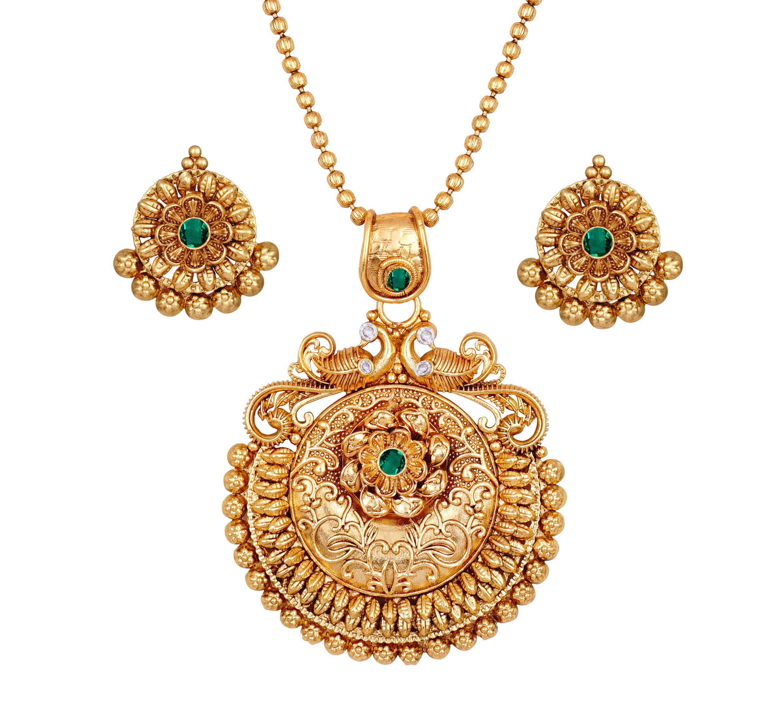 JFL - Jewellery for Less Traditional Ethnic 1Gram Gold Plated Temple Big Green Color Cz Crystal Stone Peacock Design Pendant Jewellery Set with Stud Earring,Valentine (B0BQZY55JD) Amazon Price History, Amazon Price Tracker