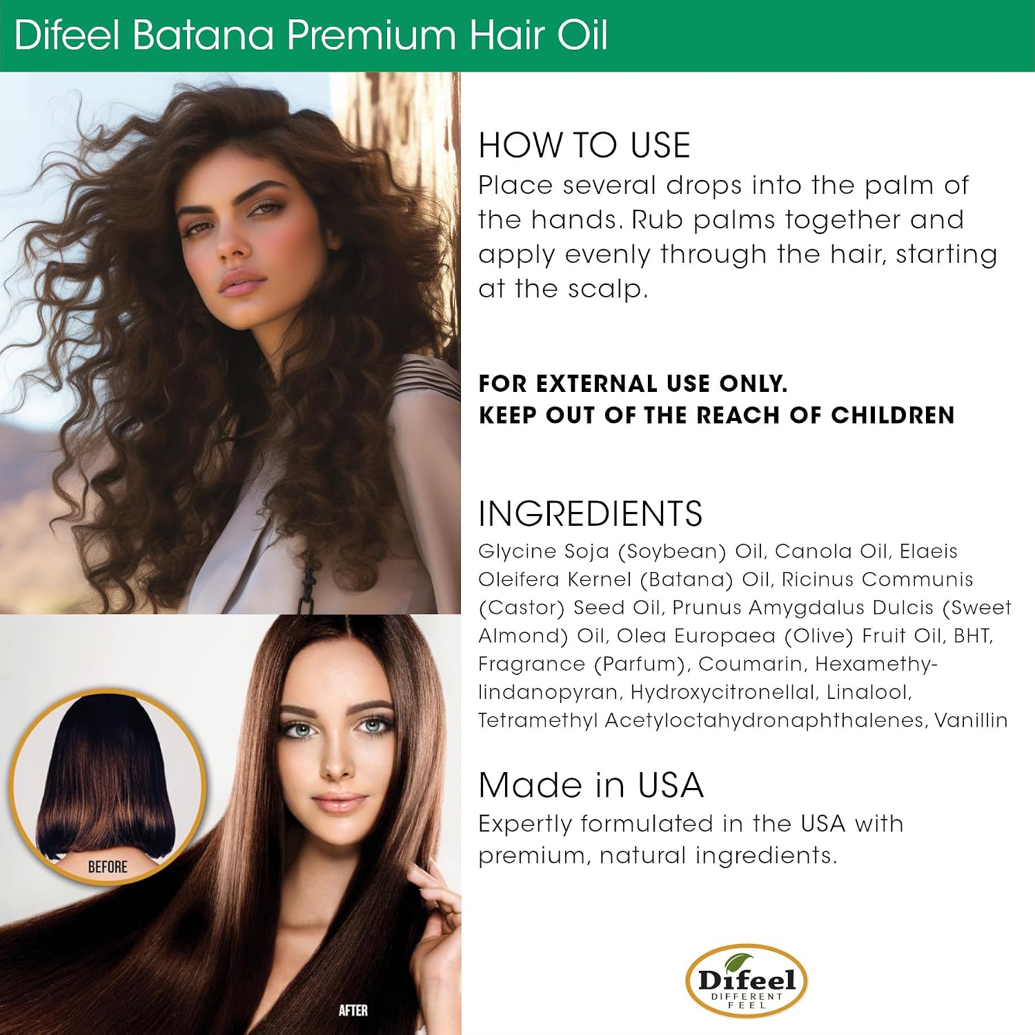 Difeel Batana Premium Hair Oil 2.5 oz. - Batana oil for Hair growth, Restores Moisture & Strengthens Hair