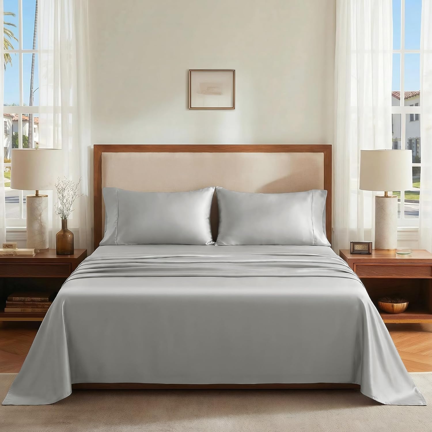 Deconovo 100% Viscose Derived from Bamboo Cooling Sheet Set (4-Piece), Moisture-Wicking, 16" Deep Pocket Fitted Sheet, Envelope Pillowcases, Easy Care, Oeko-TEX Standard 100-(King，Light Gray)