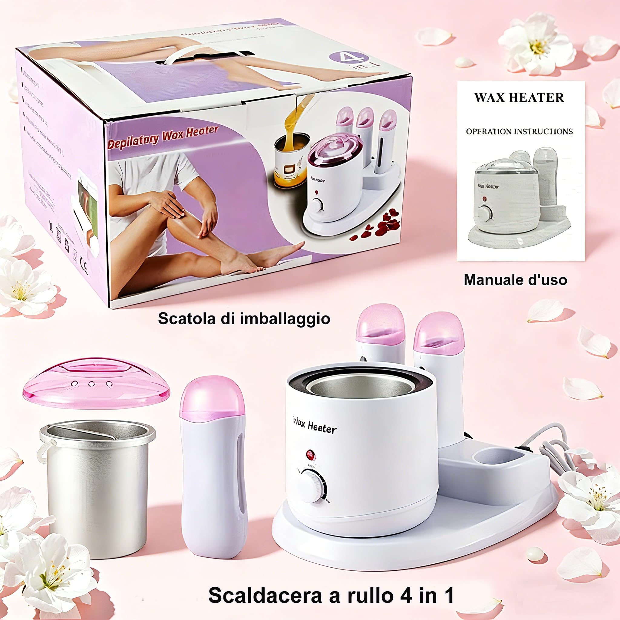 Scaldacera professionale 4 in 1, Scalda Cera per Ceretta 800 ml + 3 Ceretta Rullo 100 g con interruttori indipendenti, Kit Ceretta adatto alla depilazione completa del corpo (Rosa)