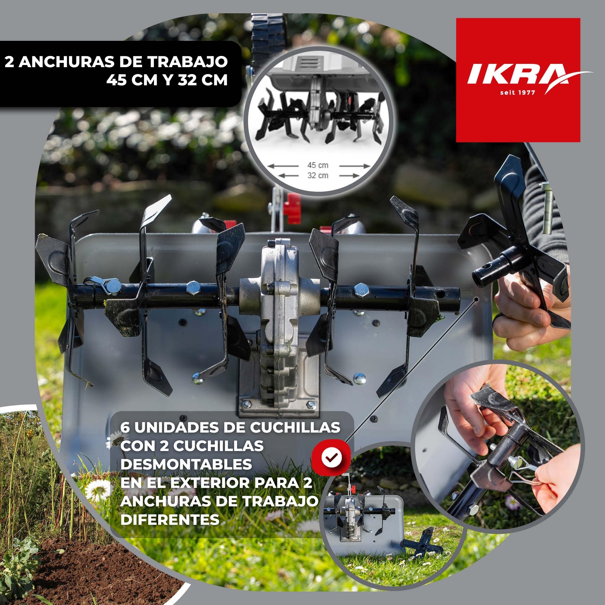 IKRA motozada eléctrica IEM 1500, Anchura de Trabajo Flexible de 32 y 45 cm | 1500 W, profundidad de trabajo de 20 cm, espolón de profundidad, rueda de transporte, plegable, protección contra sobrecargas