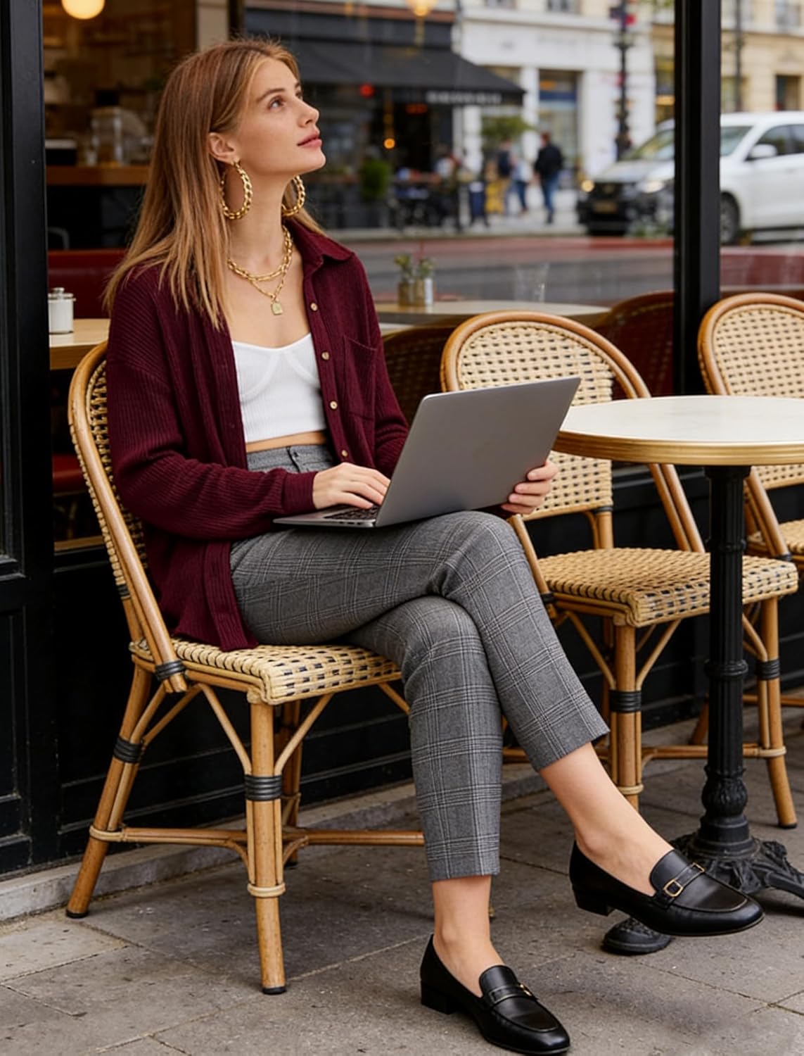 HOTOUCH Waffle Button Down Shirts for Women Dressy Casual Work Shacket V Neck Long Sleeve Lightweight Tops with Pocket - Image 2