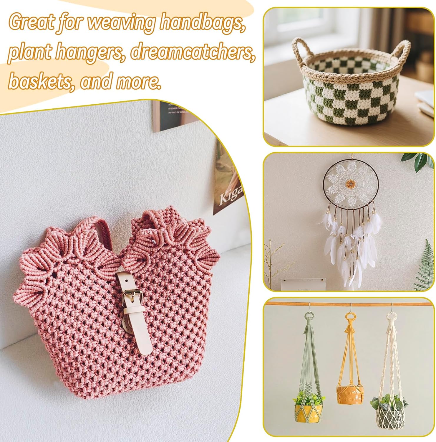 Polyester Macrame Cord 3mm x 109 Yards Sparkle Metallic Yarn for Crocheting, Glitter Yarn for Crochet Bags, Basket, Wall Hangings, Plant Hangers, DIY Crafts (Golden)