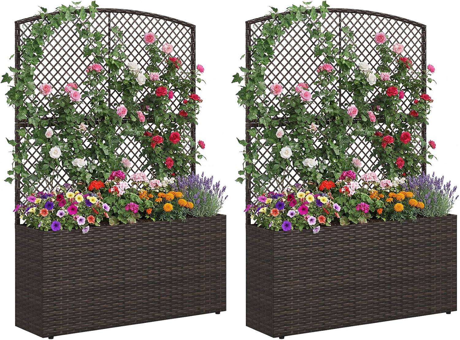 Happygrill Raised Garden Bed with Trellis, 58" Wicker Planter Box with Privacy Screen, Liner, Drainage for Patio Balcony, Outdoor PE Rattan Elevated Garden Bed for Climbing Plant Vine Flower (Brown,2)