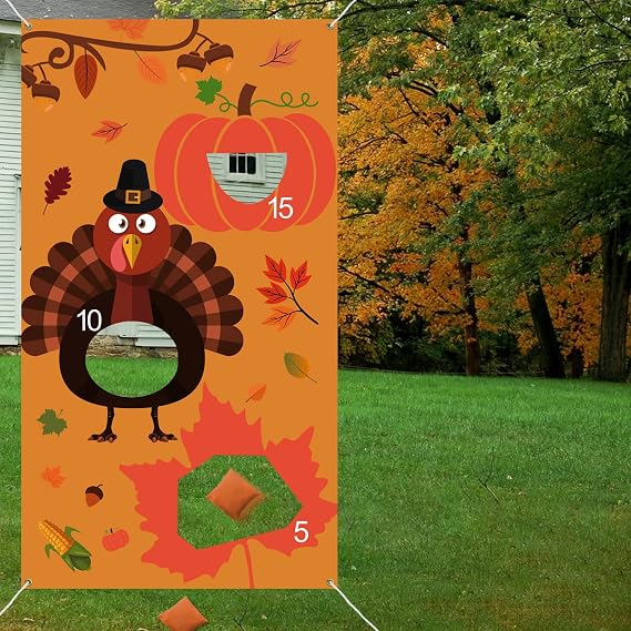Thanksgiving Games - Thanksgiving Bean Bag Toss Game with 3 Bean Bags for Adults - Turkey Hanging Toss Game Banner Fall Thanksgiving Decorations Supplies