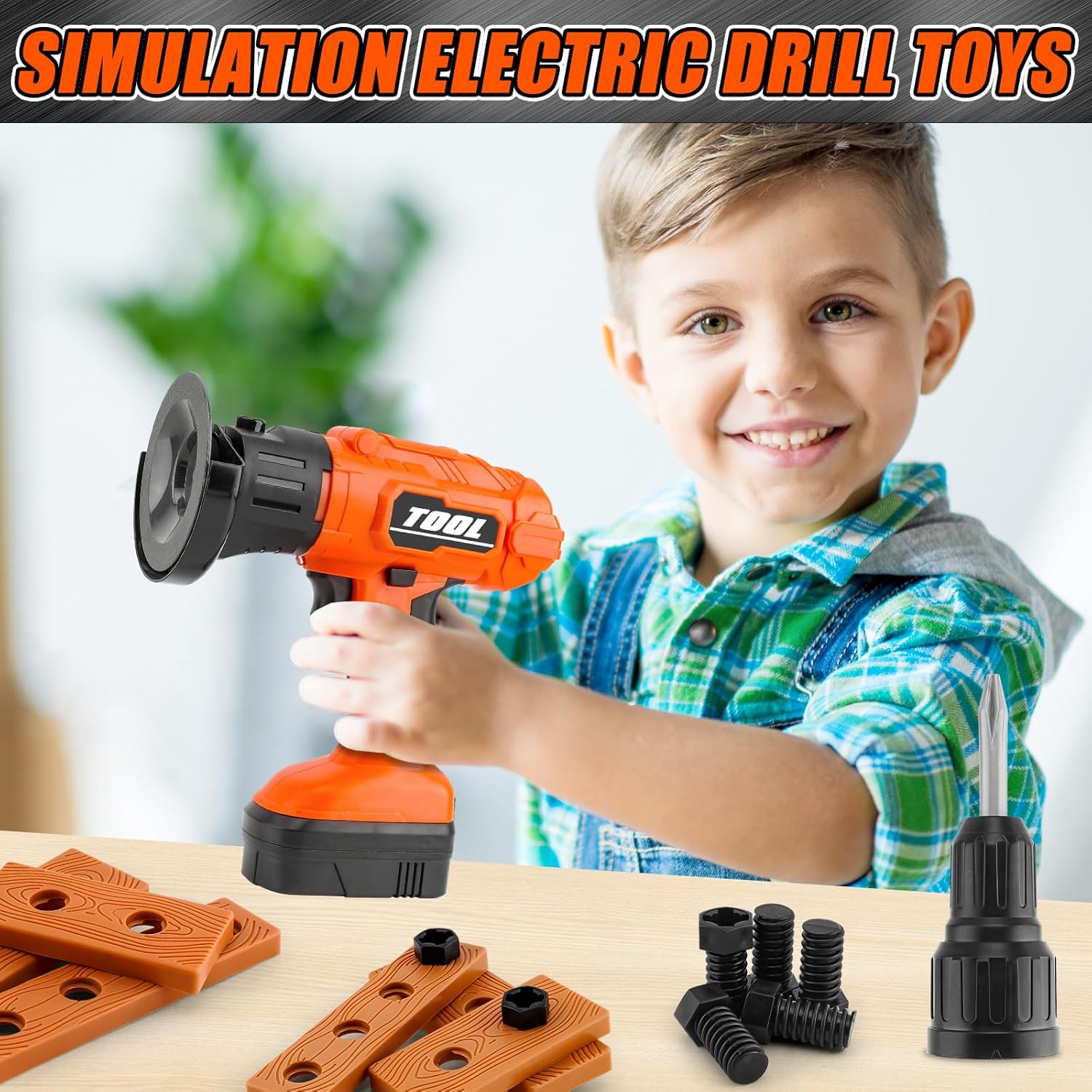 Toy Power Drill,Circular Cutting Drill Toy with Screw Set,Kids Play Drill Construction Toddler Tool Set with Realistic Light, Sound and Motion,Toy Tools for Kids Ages 3,4,5,6,7,8 Years Old（Orange）