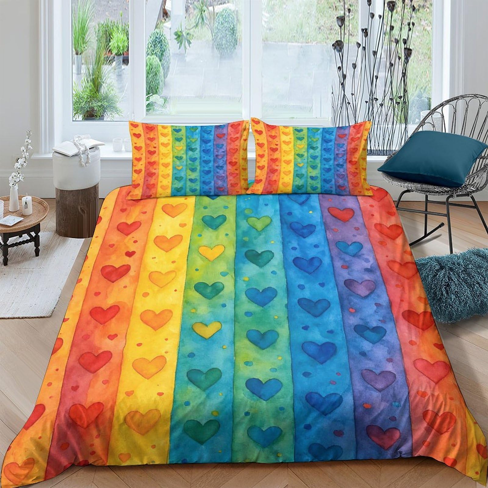 TUFRTGYHN 3D Printed Rainbow Heart Duvet Cover Microfiber Soft Bedding Set with 2 Pillowcases, Breathable for Bedroom Home Decor Single（135x200cm）