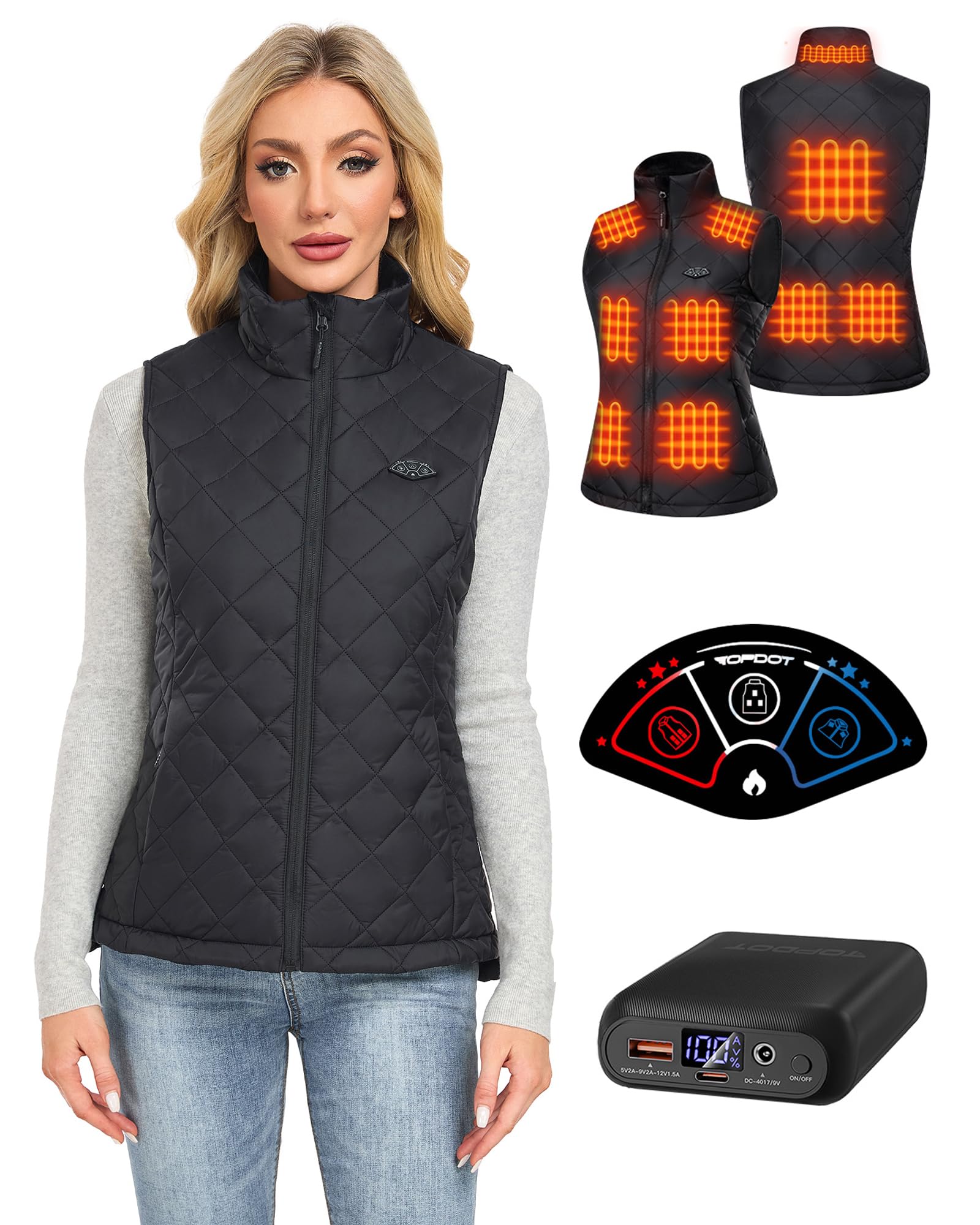 Topdot Gilet Riscaldato Donna con Batteria 7.4V 16000mAh, 10 Zone di Riscaldamento, Elettrico Gilet Termico Leggero con 3 Temperature per Ciclismo, Lavori All'aperto,S