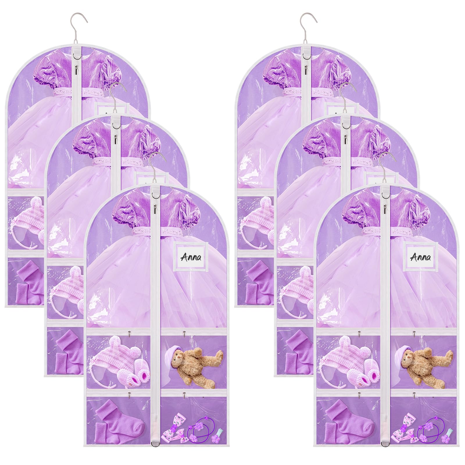 Nuenen 6pcs Garment Bags for Dance Costume Clothing Bags Hanging Clothes Clear Dance Garment Carrier for Dancers with 5 Zipper Pockets Closet Hanging