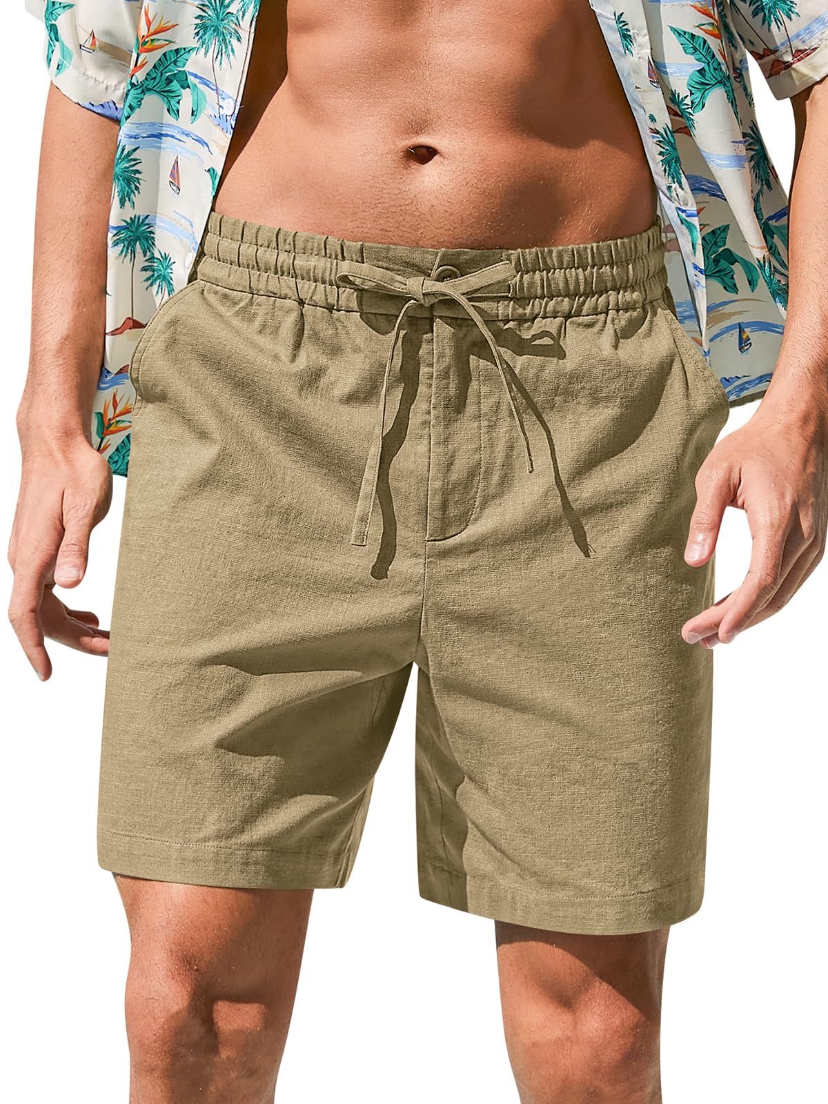 RQP Mens Cotton Linen Shorts Casual Drawstring 7inch Inseam Shorts Stretch Summer Beach Wear