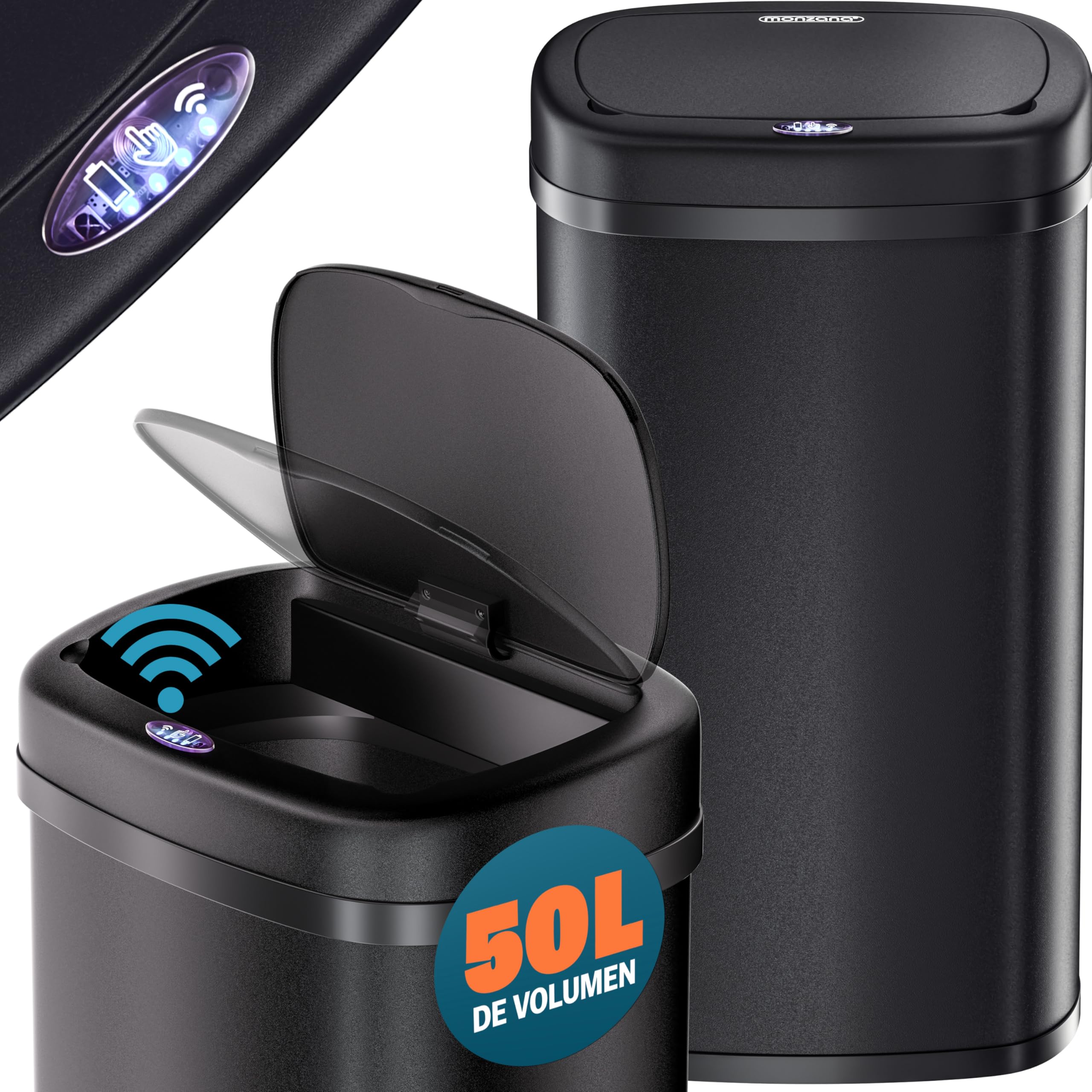 Monzana® Cubo de Basura Sensor Cocina 50L Acero Inoxidable Tapa Automática Extraíble Anillo Seguridad incl. Cable USB Indicador LED Casa Oficina Negro