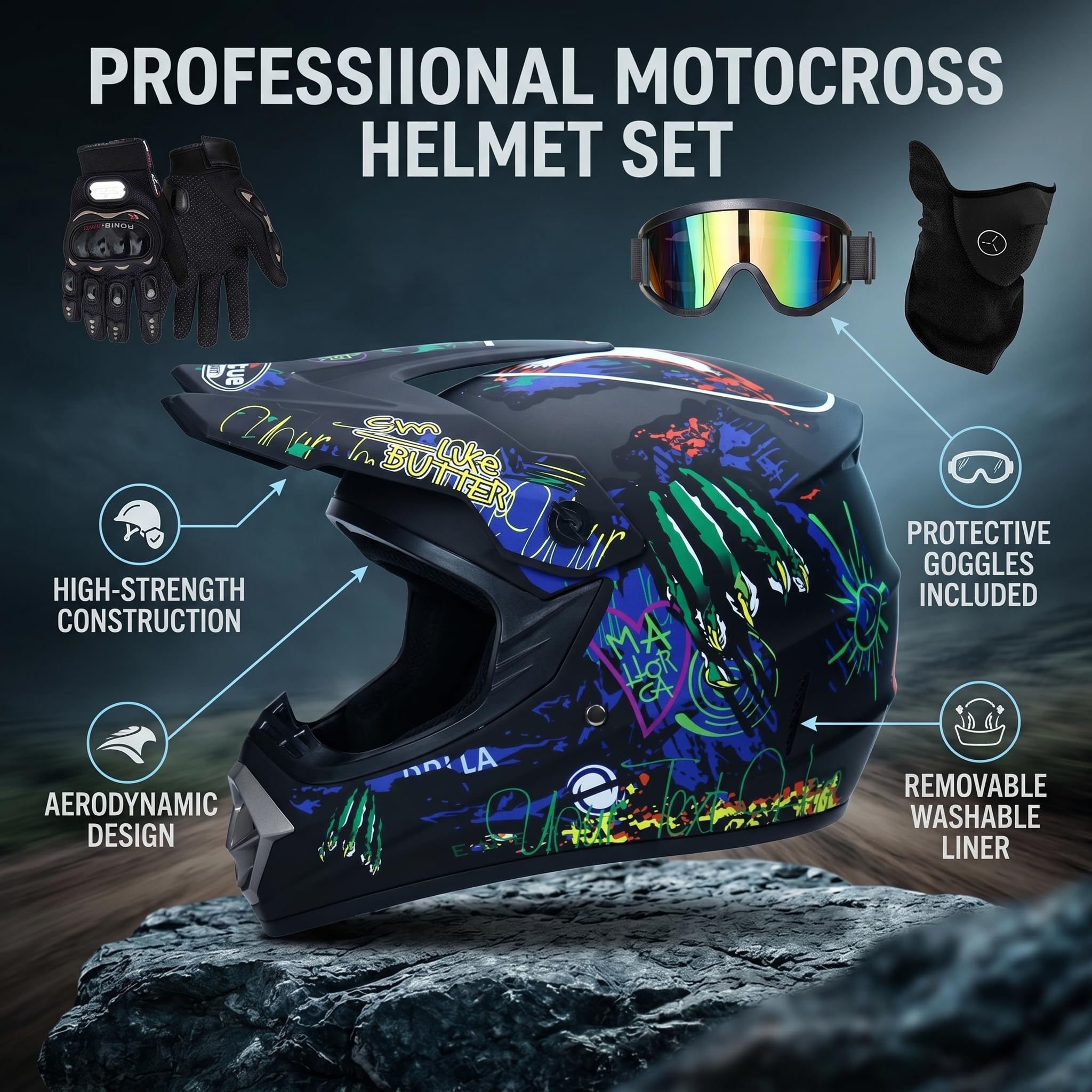 Casco profesional de motocross, 4 unidades, juego de guantes de seguridad para moto Dirt Bike Off Road para adultos y niños Mountain Road Cycling