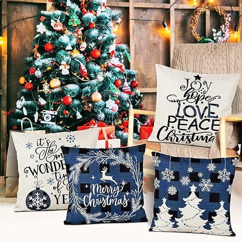 Miniatura 4 de Juego de 4 fundas de almohada azules de Navidad de 20 x 20 pulgadas, diseño de árbol de Navidad, búfalo, ciervo, copos de nieve, invierno,
