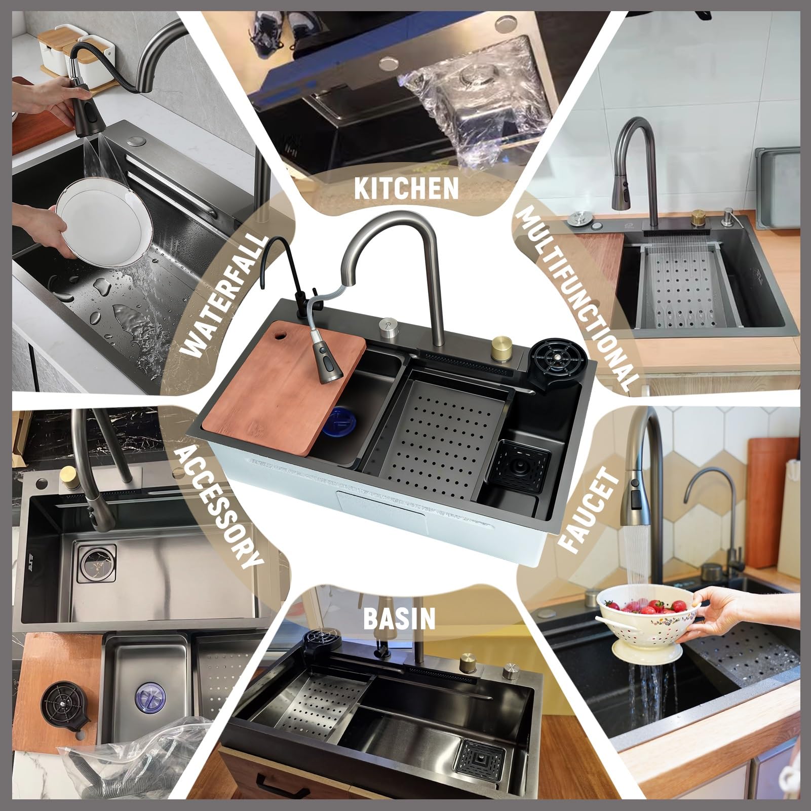 80x50cm Lavello da cascata nero, multifunzionale Lavello Cucina 1 Vasca in Acciaio Inox, con Rubinetto Estraibile, sifone e Set di Drenaggio, e vari accessor, lavello domestico set