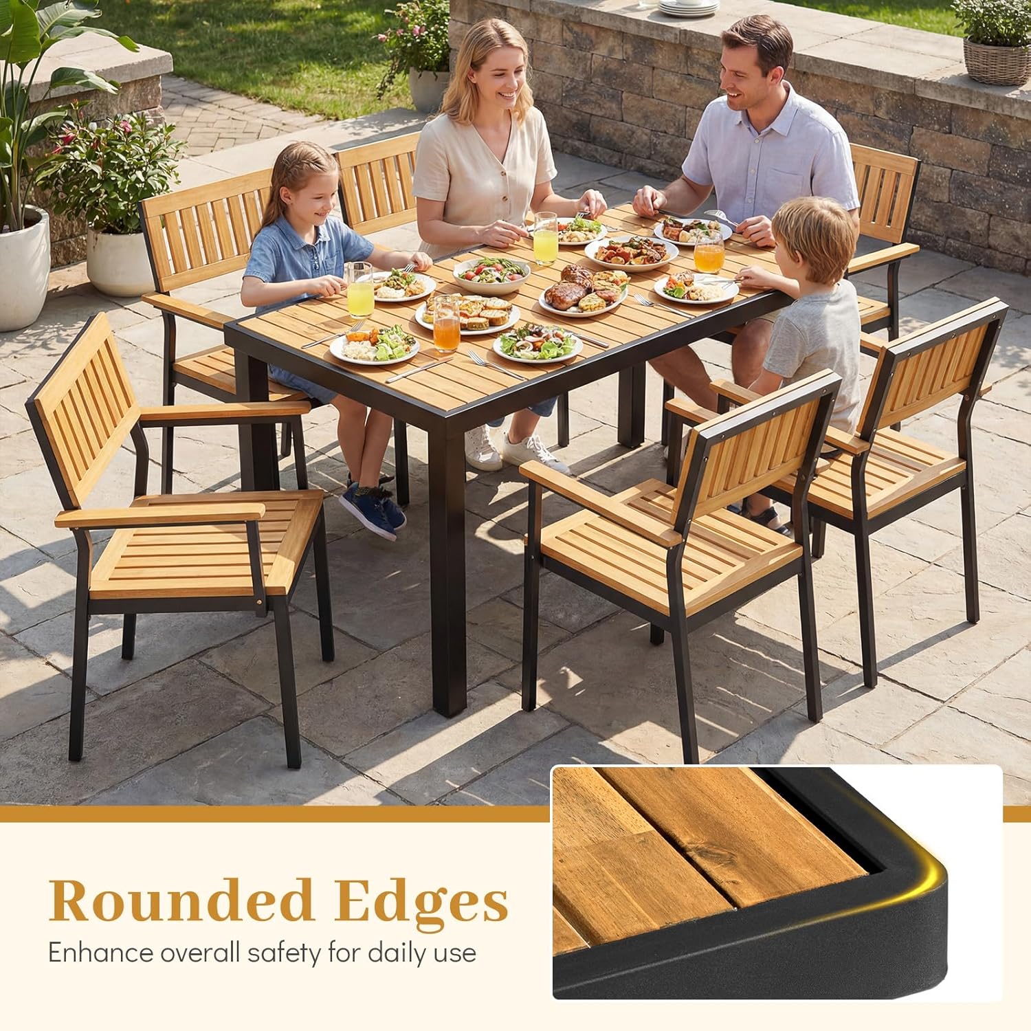 Tangkula 58" Rectangular Patio Dining Table for 6, Acacia Wood Outdoor Table with Slatted Top, 1.97" Umbrella Hole and Heavy Duty Metal Frame, Outside Table for Porch, Garden, Yard, Deck and Poolside