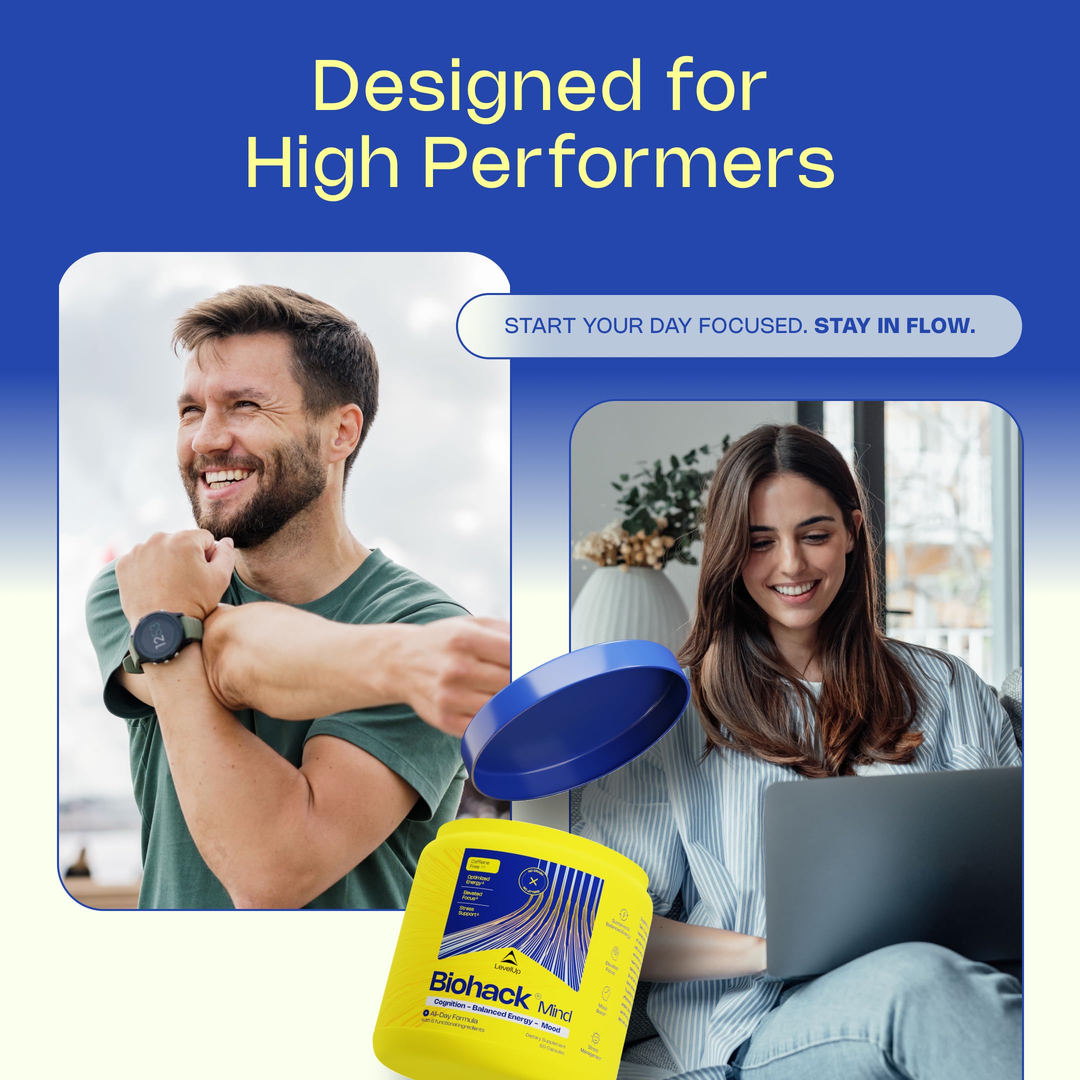 LevelUp Biohack Mind - Nootropic Brain Supplement for Men & Women | Balanced Energy, Focus, Mood & Stress Optimization with Ashwagandha, Lion's Mane, Alpha GPC, Ginseng and More - 60 Count