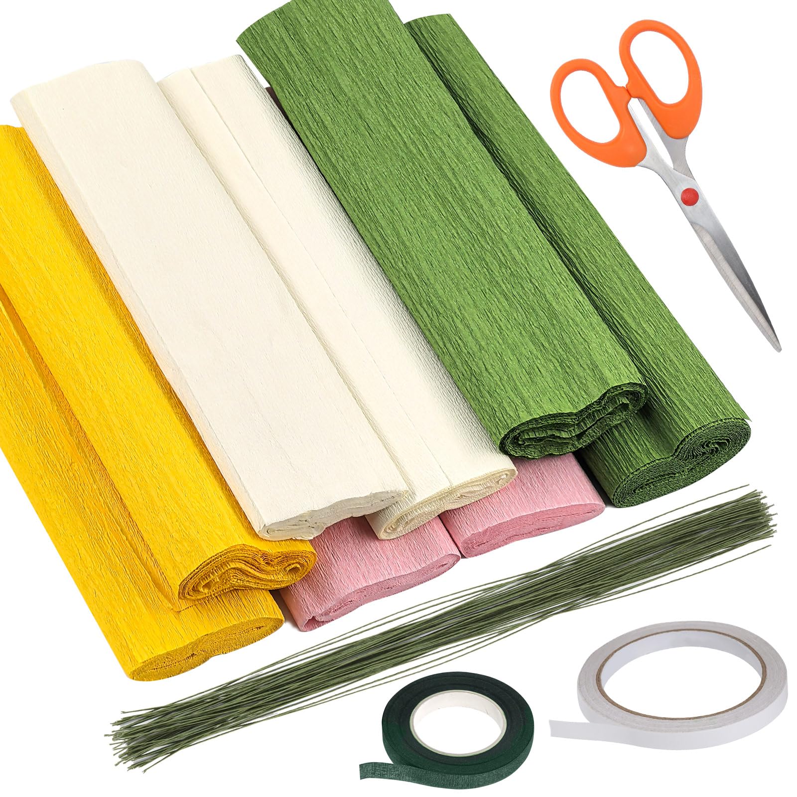 Swpeet 41Pcs 4Colors 9.8 x 98 Inch Crepe Paper Sheets Rolls with Floral Stem Wire, Floral Tape, Double-Sided Tape and Scissors Assortment Kit, 8.2ft Flower Arrangement Kit for Party Decoration