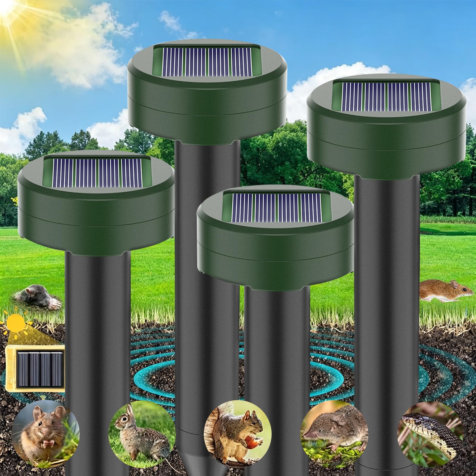 Repellente Solare per Talpe, 4 Pezzi Repellente Ultrasuoni per topi, Solare Repellente Zanzare, Impermeabile Scaccia Talpe Solare, Repellente ad energia Solare per Anti-Arvicola,Gopher,Serpent
