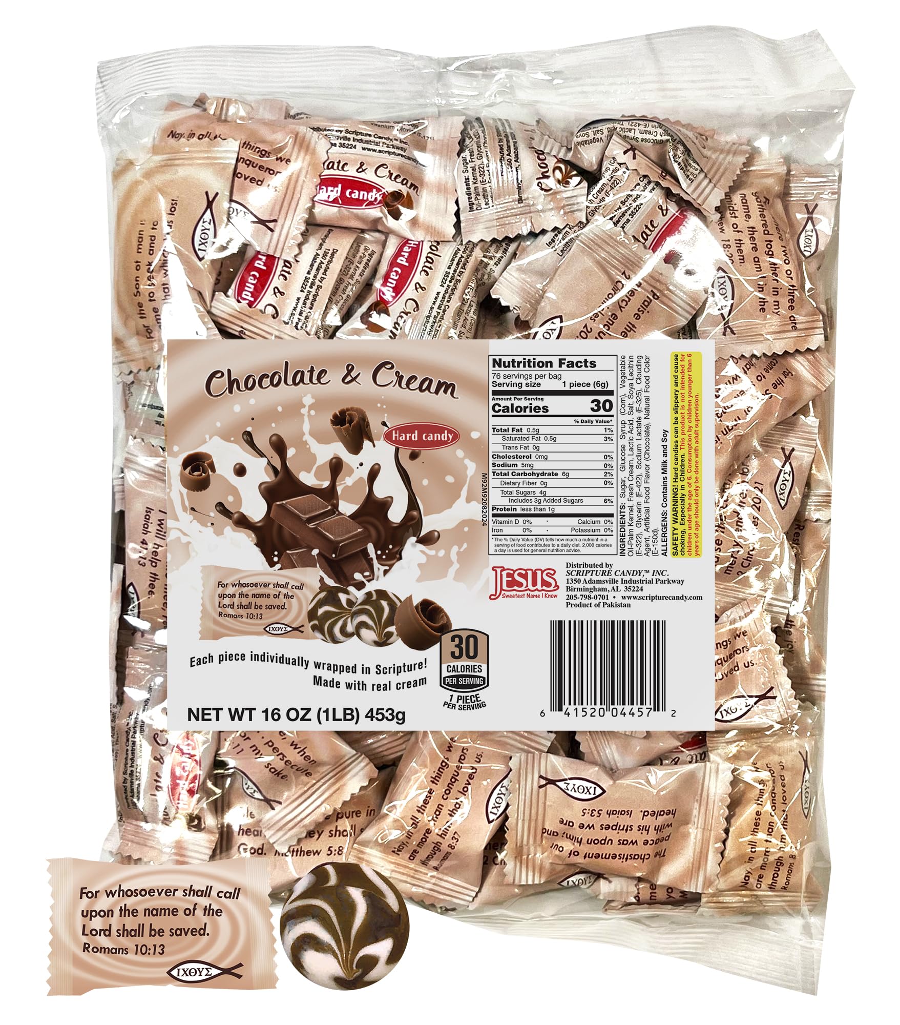 Scripture Candy, Chocolate & Cream Hard Candy 1 Pound Bag, 75 Pieces