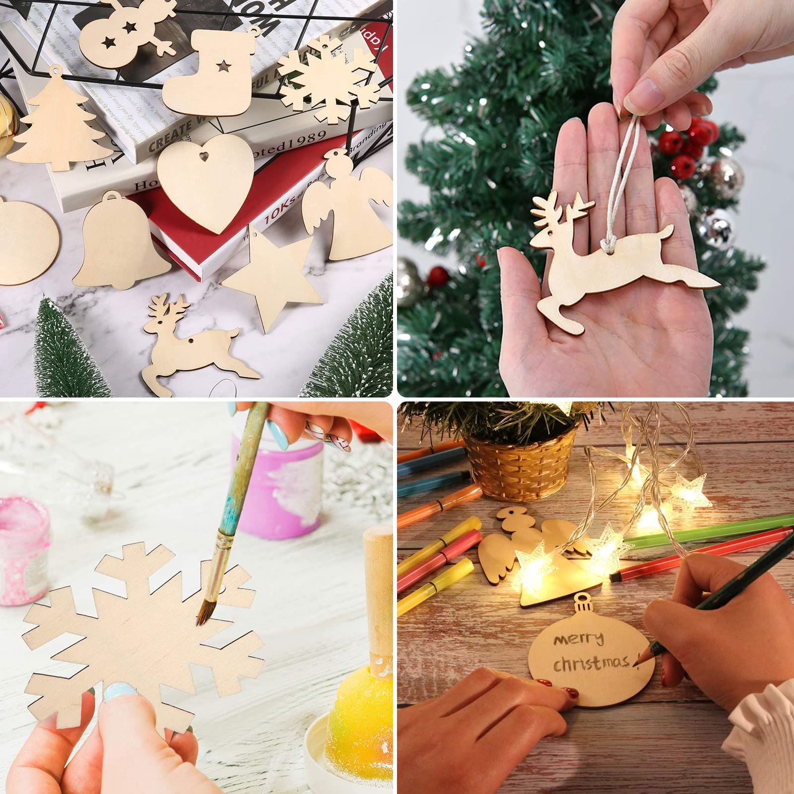 GORGECRAFT 30 Ornamenti Natalizi In Legno Fai-da-Te: Set Con Fiocchi Di Neve, Alci, Pupazzi Di Neve Da Decorare, Corde Incluse, Per Albero E Casa - 2